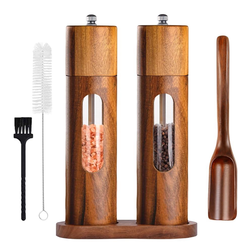 Molinillo de pimienta de madera, molinillo manual de especias, sal y pimienta, con mecanismo de cerámica, juego de 2 unidades, con plato para pimienta, sal, especias, altura 21,5 cm