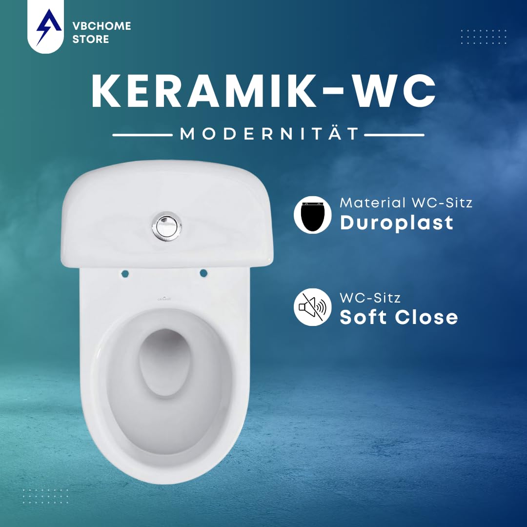 VBChome WC sur pied en céramique - Kit complet avec réservoir de chasse - Siège WC en polypropylène avec système d'abaissement automatique SoftClose pour sortie horizontale - Raccordement d'eau