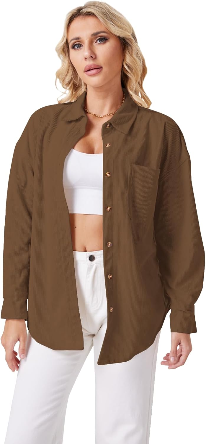 Womens Corduroy Button Down Shirts Dressy Casual Long Sleeve Blouses Oversized Fall Tops Jackets Shackets 2025 - Image 2