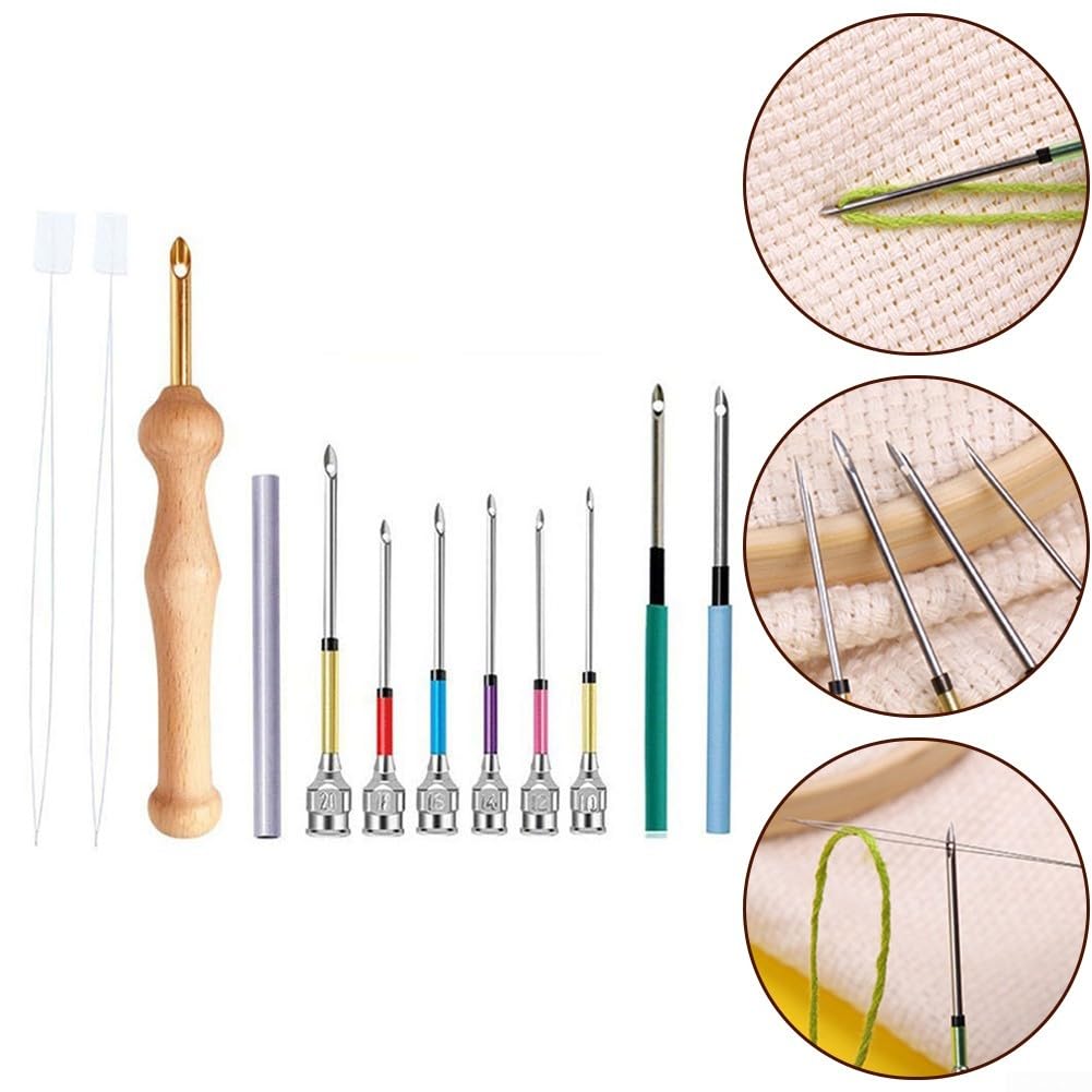 Kit di aghi da ricamo con manico in legno, punte in lega per cucire, arte fai da te su tessuto per decorazioni domestiche e abbigliamento (set 2)