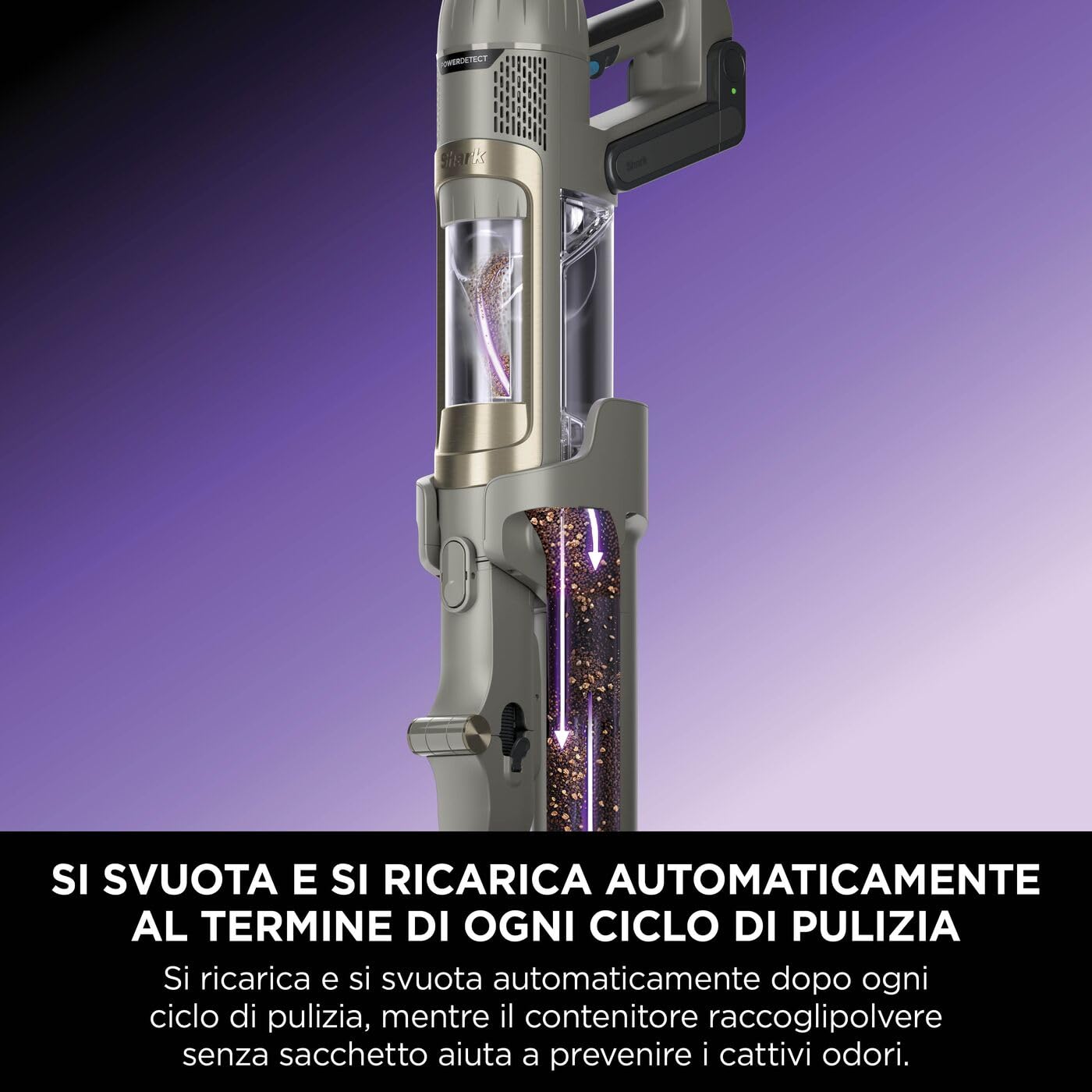 Shark PowerDetect Clean & Empty aspirapolvere senza fili, PowerFins, Reverse Clean, stazione 2L, Anti-Hair Wrap Plus, 70 min, leggera, per peli animali e superfici varie, Grigio IP3225EUT
