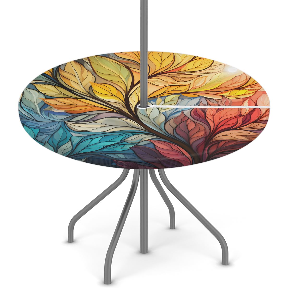 KNEMI Round Garden Table Cloth With Parasol Hole, Colorful Leaves Outdoor Circular Fitted Tablecloth With Zipper Waterproof Elastic Edged Table Cover for Party Picnic, Fit for 45"-56" Round Tables