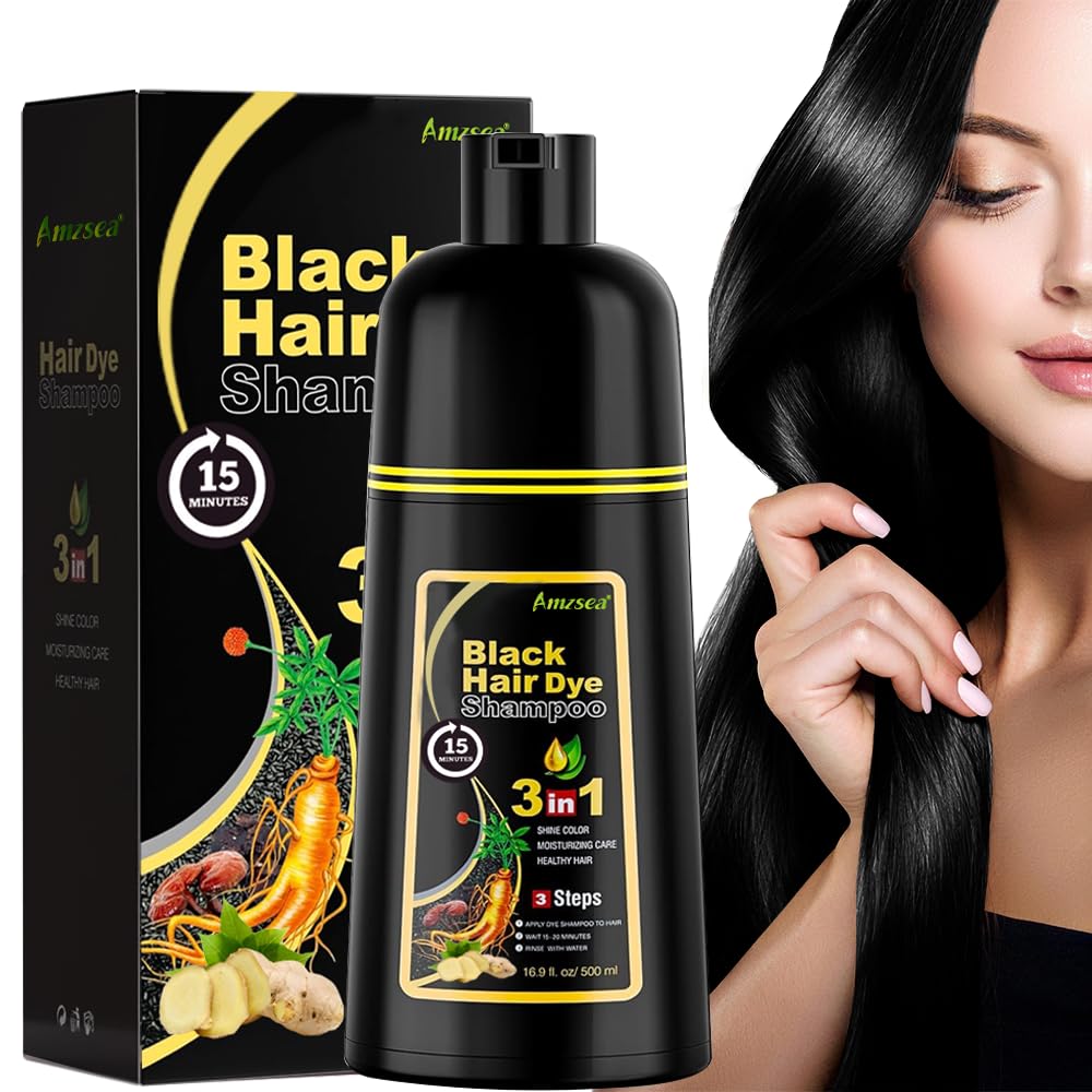 Black Hair Dye Shampoo for Gray Hair, Semi-Permanent Hair Color Shampoo for Women and Men, Herbal Ingredients and Ammonia Free, 3 in 1-100% Grey Coverage(17.6 Fl oz) (Black)