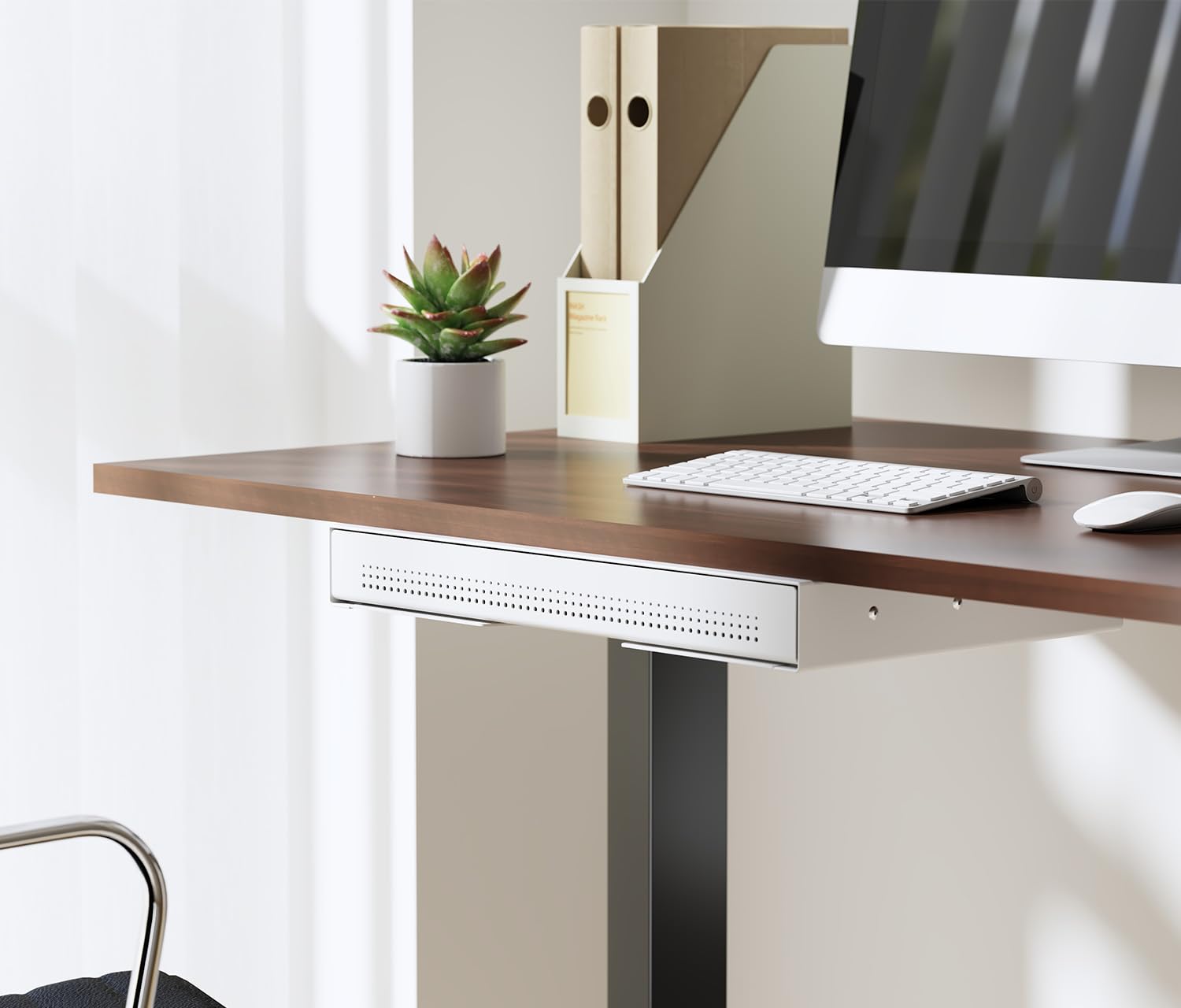 Ergolutions® Unterbau Schublade Slimline Weiß - Flache, Einfache Montage, Vollauszug, Für Büromaterial, Laptop, Tablet, Stahl, Traglast 10kg, Für Steh-/Sitz-Schreibtische