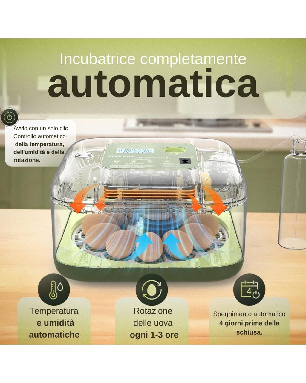 Egg&Co Start 12 – Incubatrice automatica 12 uova gallina (36 quaglia). Controllo umidità preciso, rotazione automatica, flacone e sperauova inclusi. Ideale per principianti ed esperti.