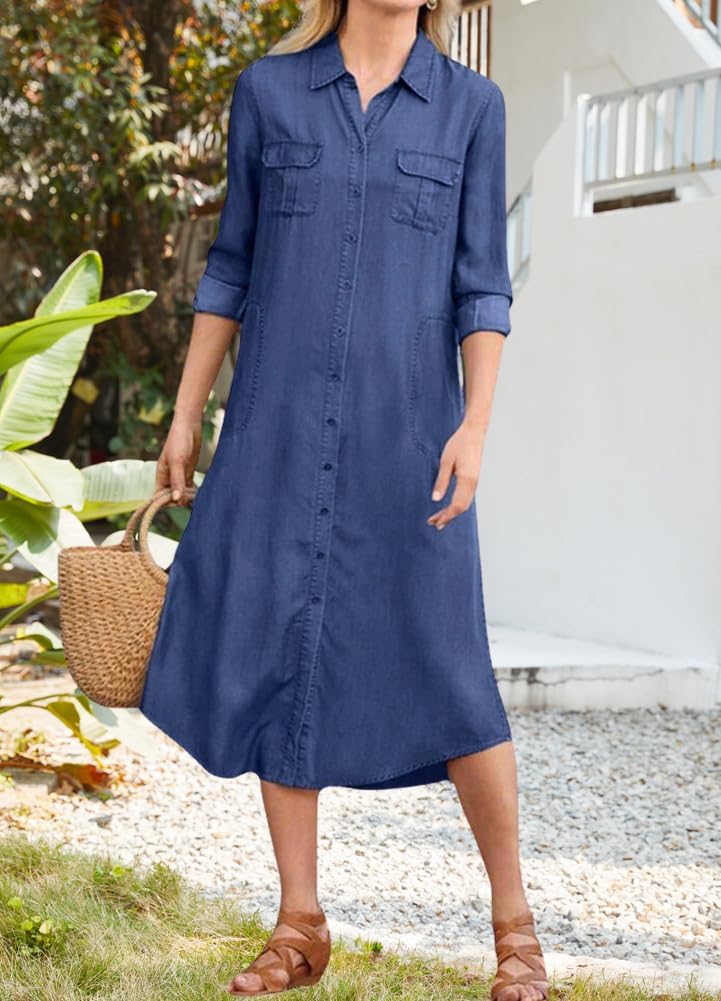 chouyatou Women's Summer Casual Denim Shirt Dress Loose Fit Button Down Midi Long Tunic Jean Dress - Image 2
