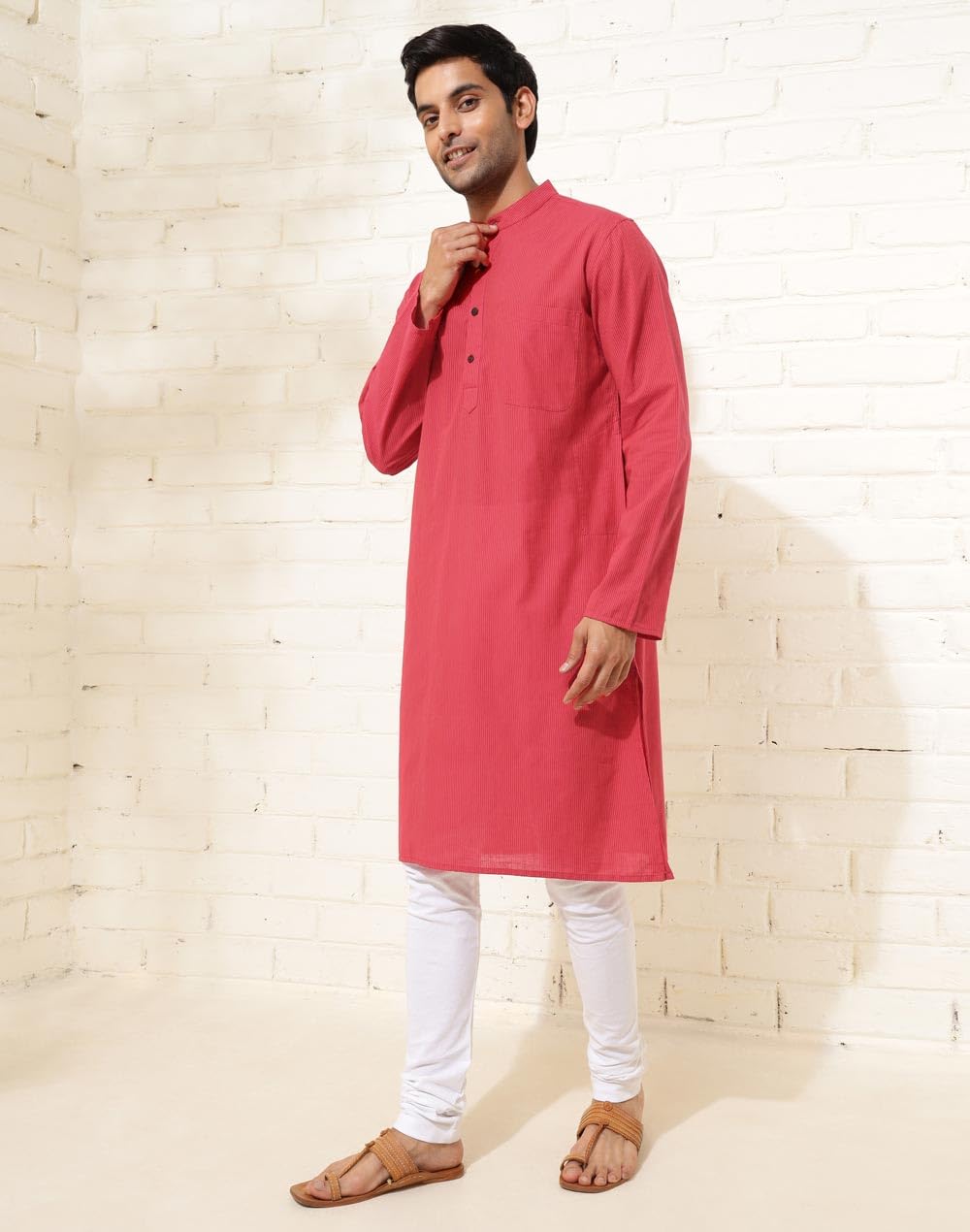 Fabindia Men's Cotton Striped Slim Long Kurta (1038422Pink_Pink