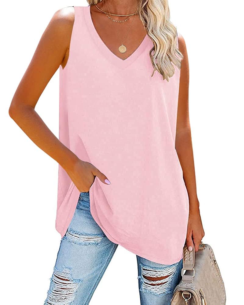 Fisoew Damen Tank Top V-Ausschnitt Blusentop Sommer Basic Tops Ärmellos Bluse Locker Cami Oberteile