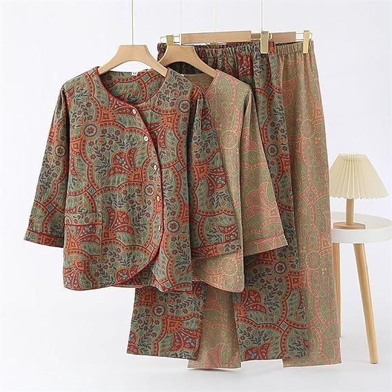 Women Sleepwear Vintage Jacquard Round Neck Button Cotton Loungewear Set, Long Sleeve Cotton Sleepwear