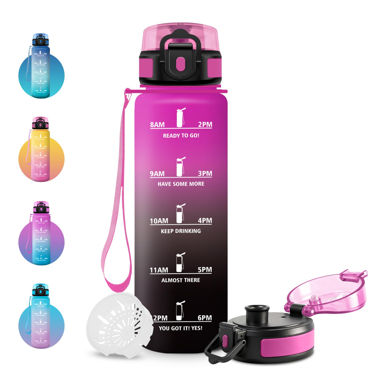 JAPORIA Motivational Water Bottle 1L with Time Marker and Filter, Reusable BPA Free Water Bottle, Leak Proof, Perfect for Adults, Students and Office