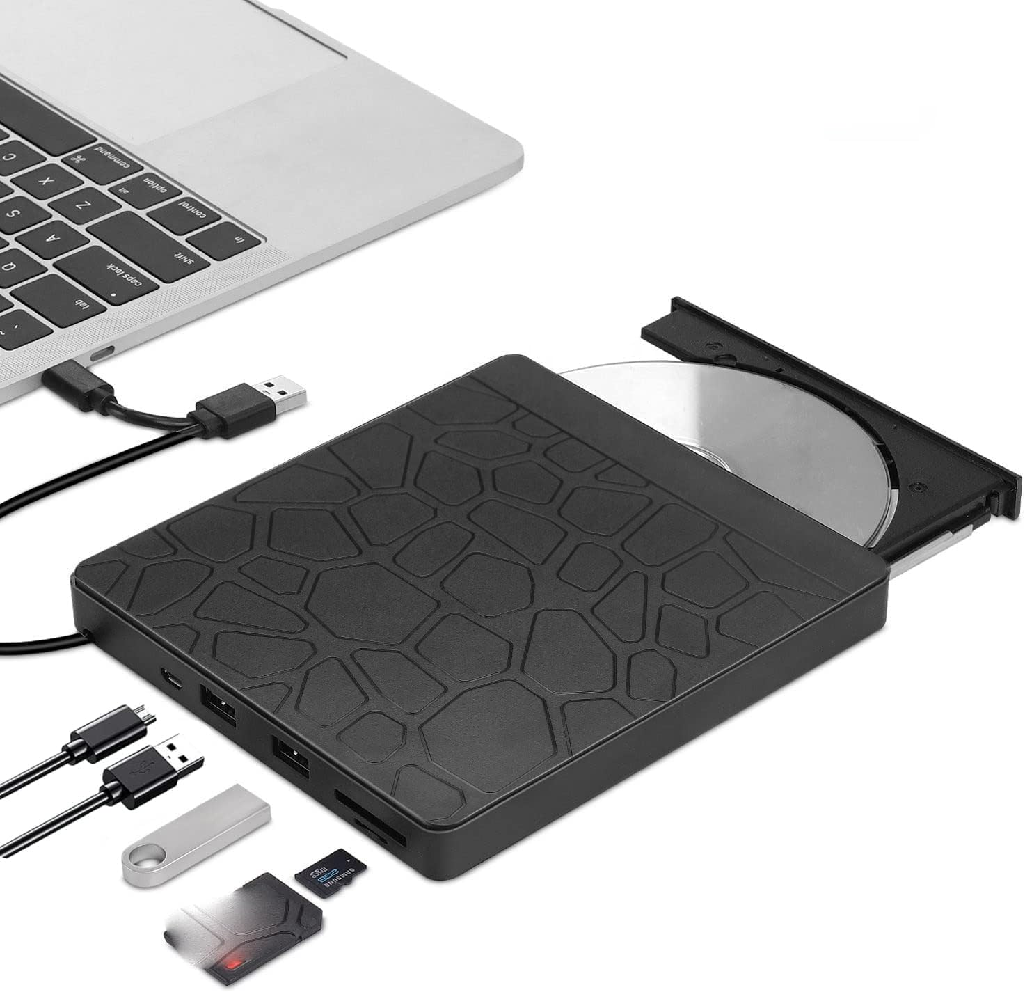 MAKINGTEC External DVD Drive for Laptop, USB 3.0 Type-C CD/DVD +/-RW Burner, Portable Optical Disk Drive with 2 Card Slots & 3 USB Ports for Windows, Linux, Mac OS