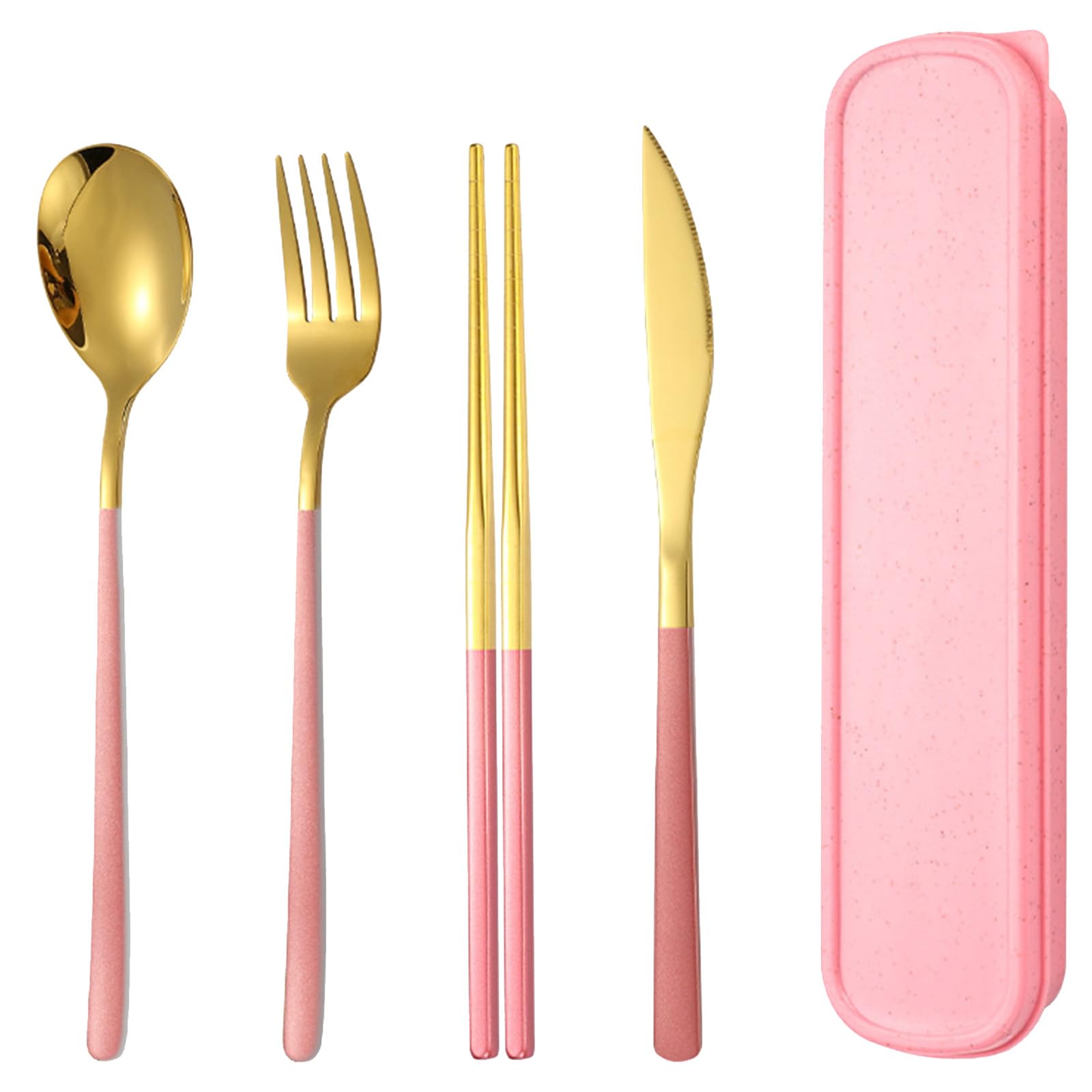 PLUSHCEWT Travel Cutlery Set for 1,Reusable Stainless Steel Knife Fork Spoon Chopsticks with Case,4 Piece Ideal Portable Pink Lunch Cutlery Set for Work,Camping & Home