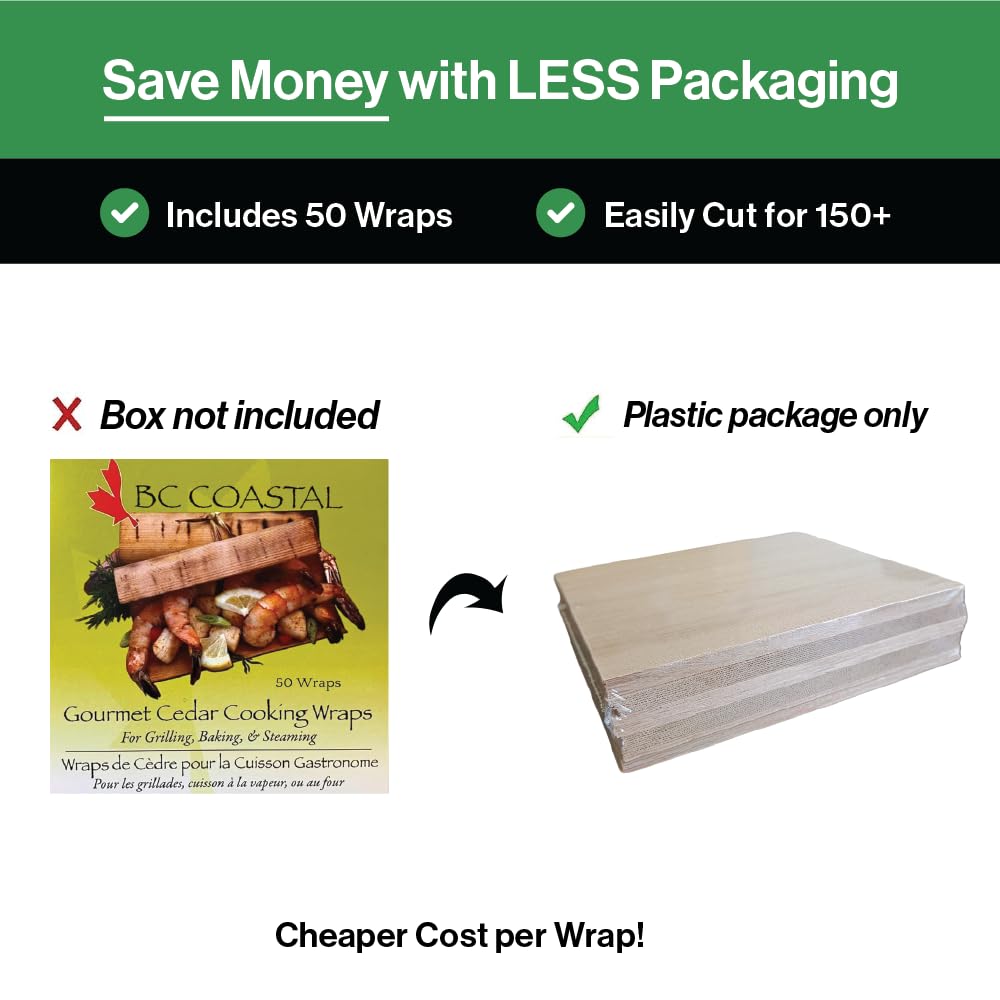 BC Coastal Premium Cedar Wraps for Grilling 6”x 6” - Ultra-Thin Cedar Planks Wraps for Grilling Salmon & Shrimps - Cedar Grilling Wraps - Cut Each Wrap into 3 to Make 150 Appetizers - (50 Wraps)