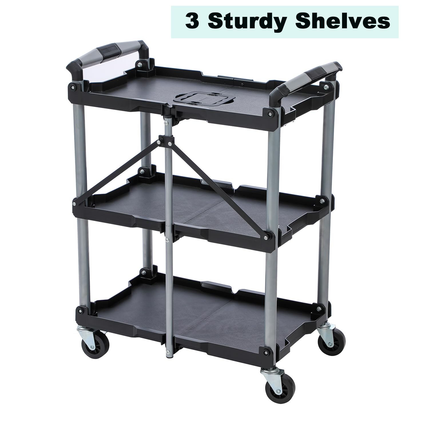KATSU Tools Chariot de service pliable à 3 niveaux, chariot à outils utilitaire, charge de 68 kg, roues verrouillables, poignées ergonomiques, 83 x 36 x 64 cm, pour atelier, garage, maison, bureau et