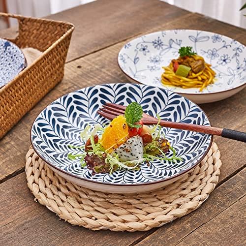 Ceramic Pasta Bowls Set,Blue and White Salad Bowl 20cm Dinner Shallow Plates Set of 6,Serving Appetizer Dessert Snack (8 Inch x 6pcs)