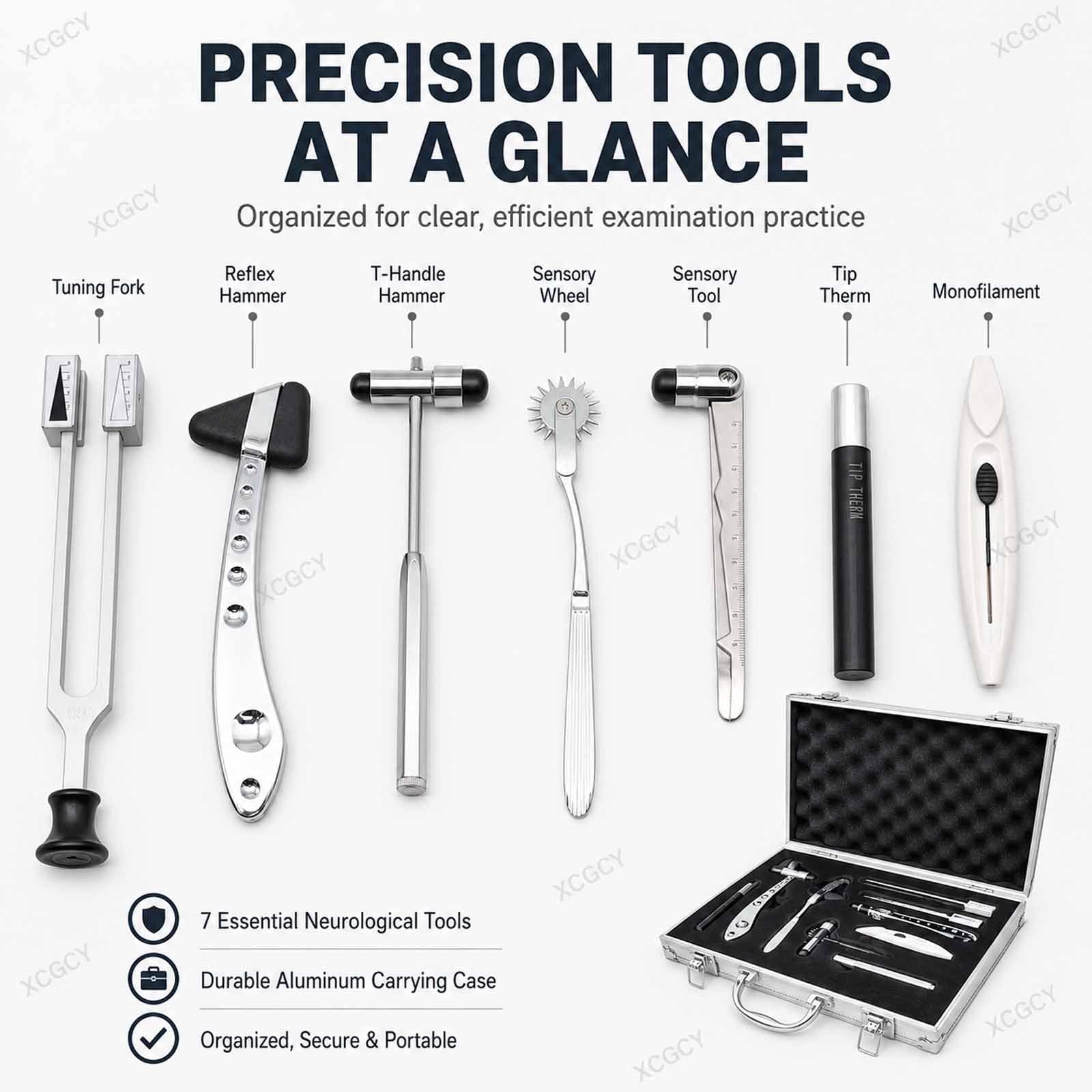Set per Esame Neurologico, Set da 7 Pezzi con Custodia in Alluminio, Test di Puntura, Temperatura, Tatto, Vibrazione, Riflessi Tendinei per Studenti di Medicina E Professionisti