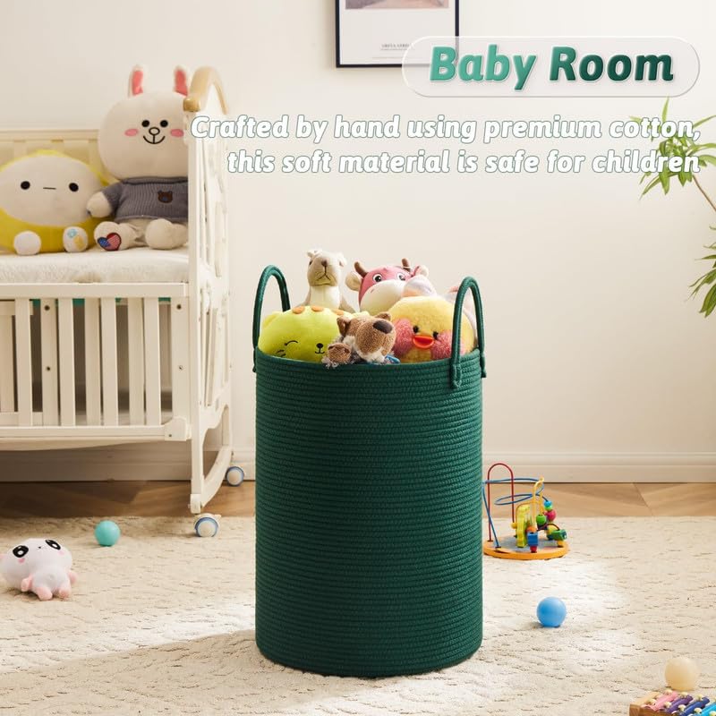 Image of Storage Rope Laundry Hamper Basket for Clothes, Towels and Blankets in Livingroom, Bedroom, Laundry Room and Basket for Nursery Storage (Size - 14 inch x 14 inch x 18 inch) (Green)