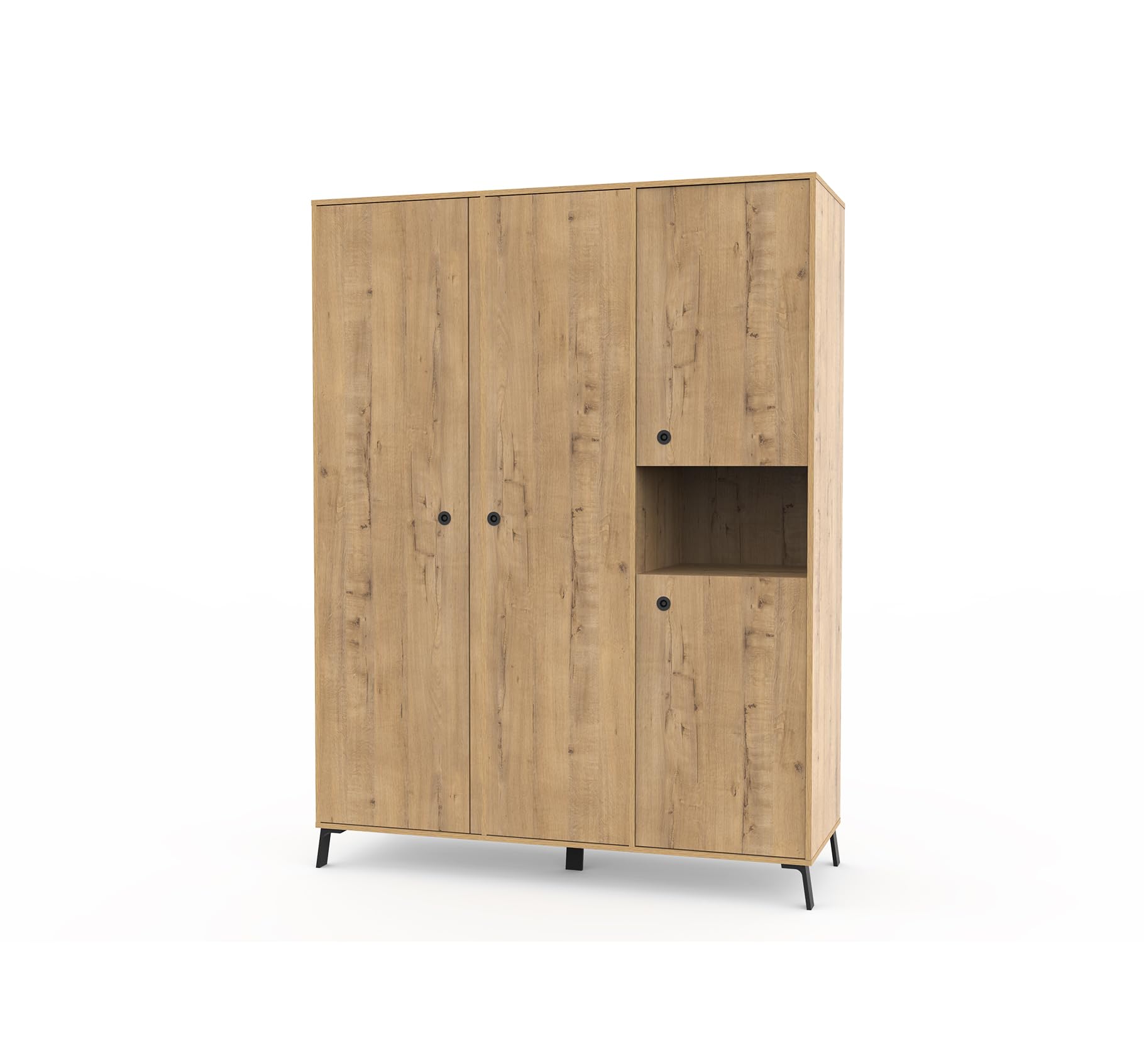 Muebles Pitarch | Armadio da Camera a 4 Ante, 1 Scomparto e 4 Ripiani, Piedini e Maniglie Neri, Rovere , 200x150x55 cm , Industriale, Moderno,