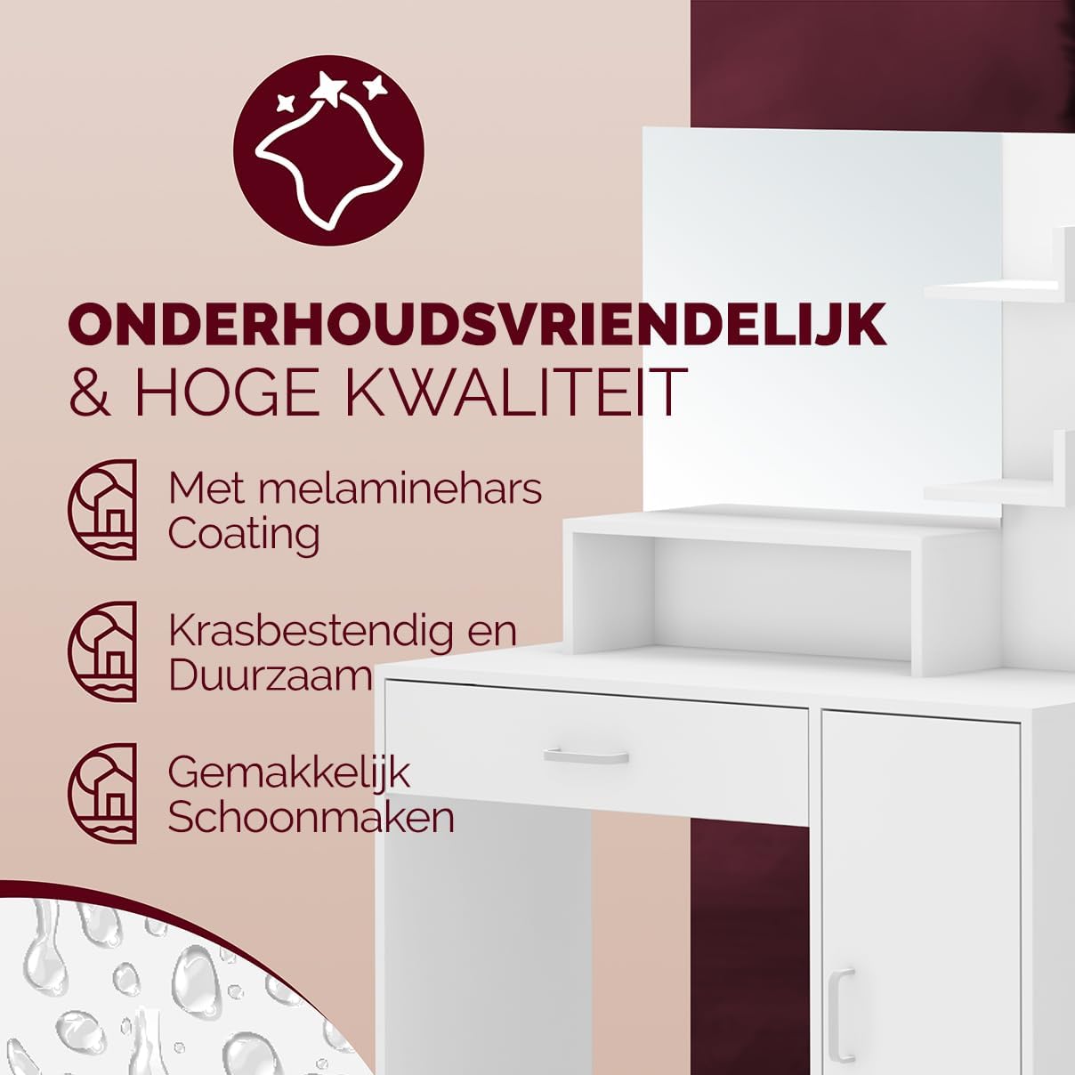Diagram showing the dimensions of the CASARIA Jocelyn Dressing Table, including height, width, and depth, along with an icon indicating wall mounting for stability.