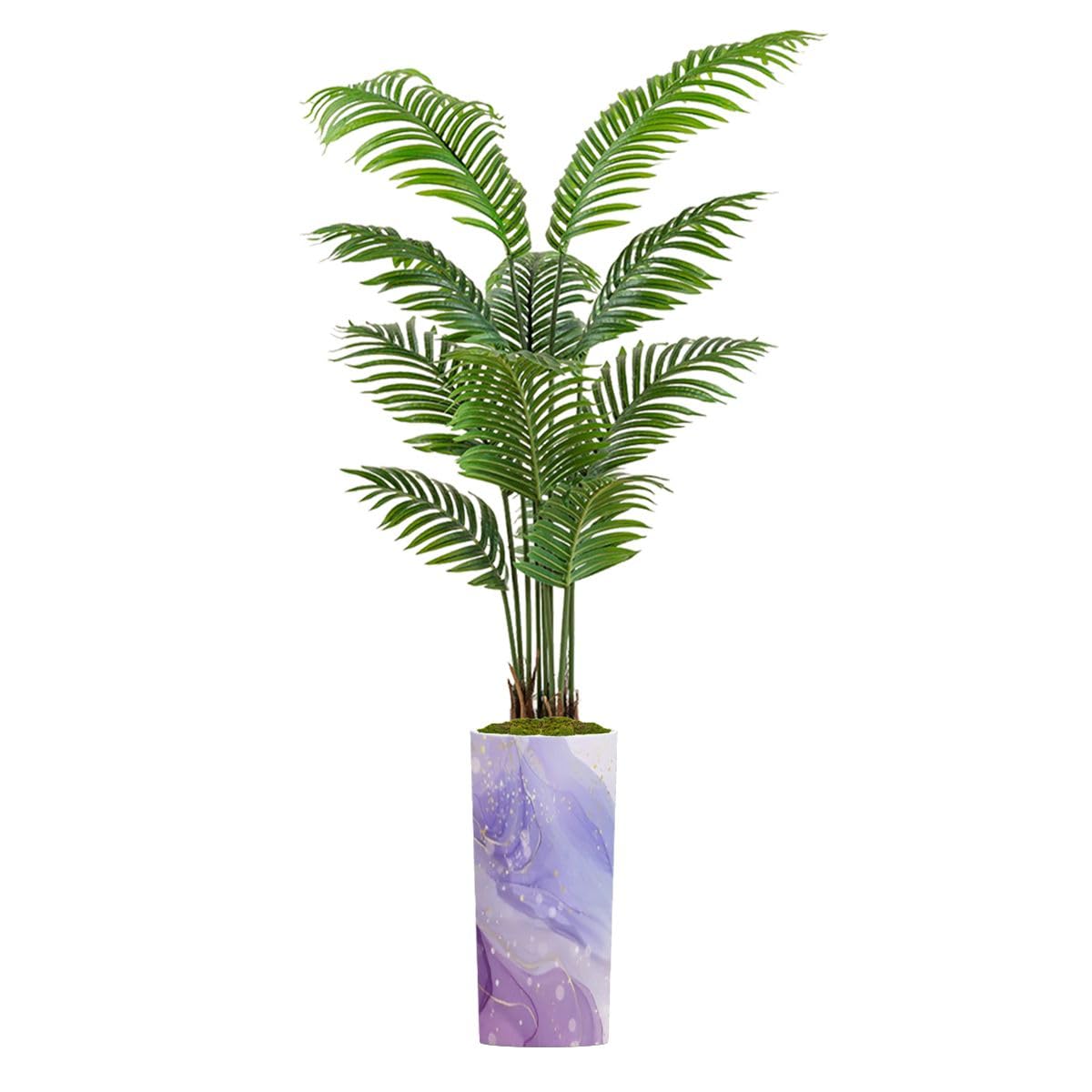 Artificial Palm Tree Indoor with Tall Planter Violet Liquid Watercolor Background Golden Stains Purple Mauve Marble Fake Floor Plant Potted Faux Tropical Palm Plant in Pot Home Decor Outdoor 5.5ft
