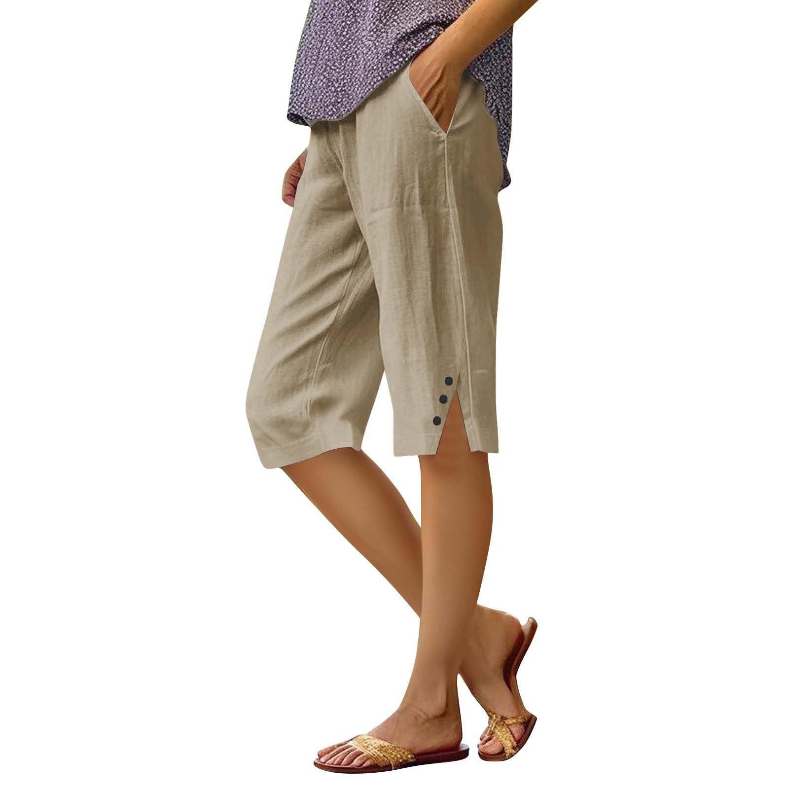 Generico Lekkie letnie spodnie damskie bawełniane spodnie capri z elastyczną talią bermudy eleganckie wygodne szorty 3/4 z kieszeniami jednolity kolor na co dzień szorty plus size