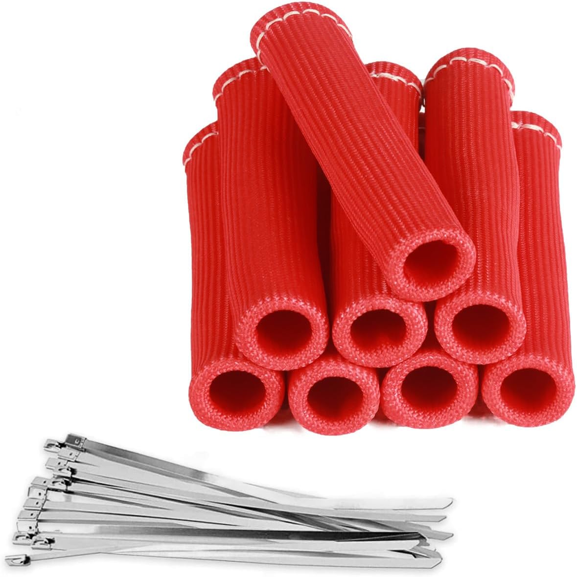 Titanium Spark Plug Wire Sheathing Thermal Protection Insulation Sleeve, 800 Degree Heat Shield Package 6 Inch for Automotive Trucks 8PCS with 16pcs Wire Ties (RED)