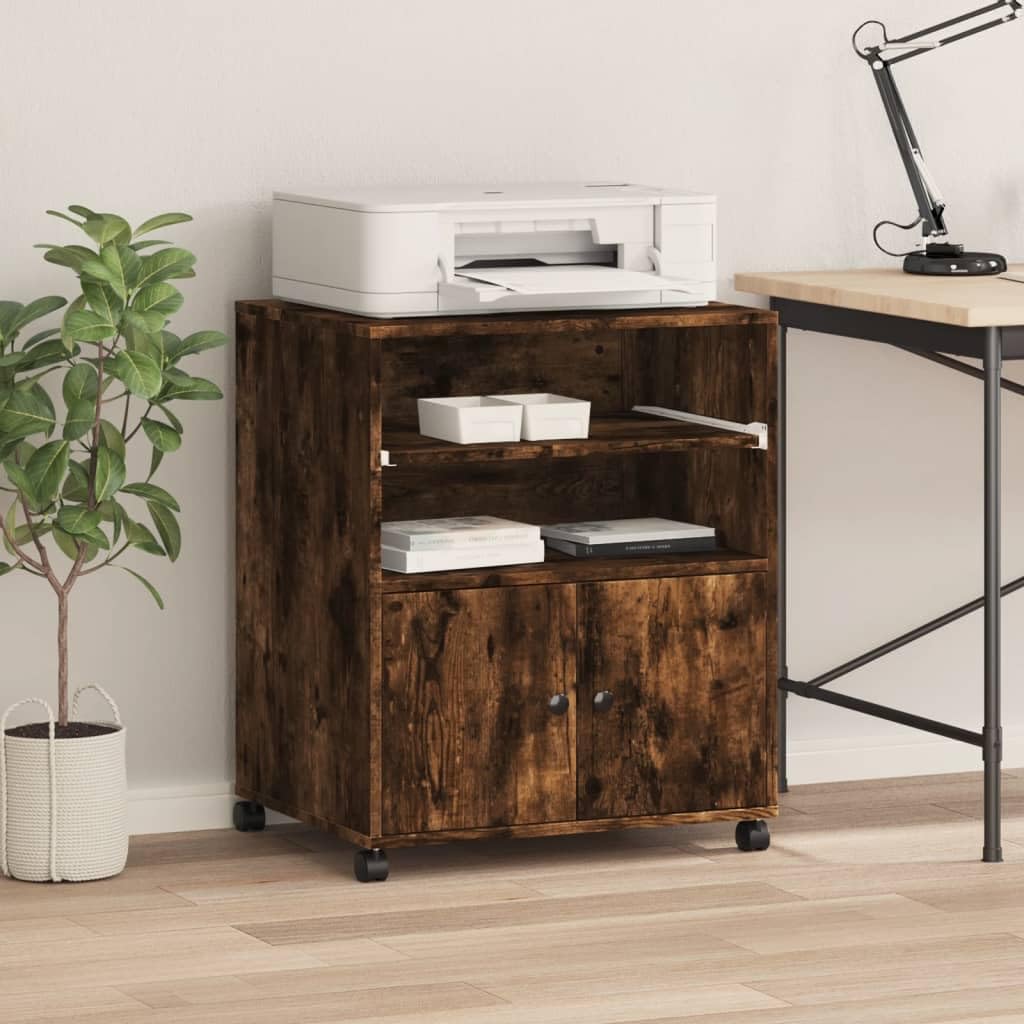 Druckerständer mit Rollen Räuchereiche 60x48x74 cm, Druckerwagen auf Rollen mit 2 arretierbaren multifunktionaler Druckertisch als Bücherregal, Aktenregal oder Beistelltisch,