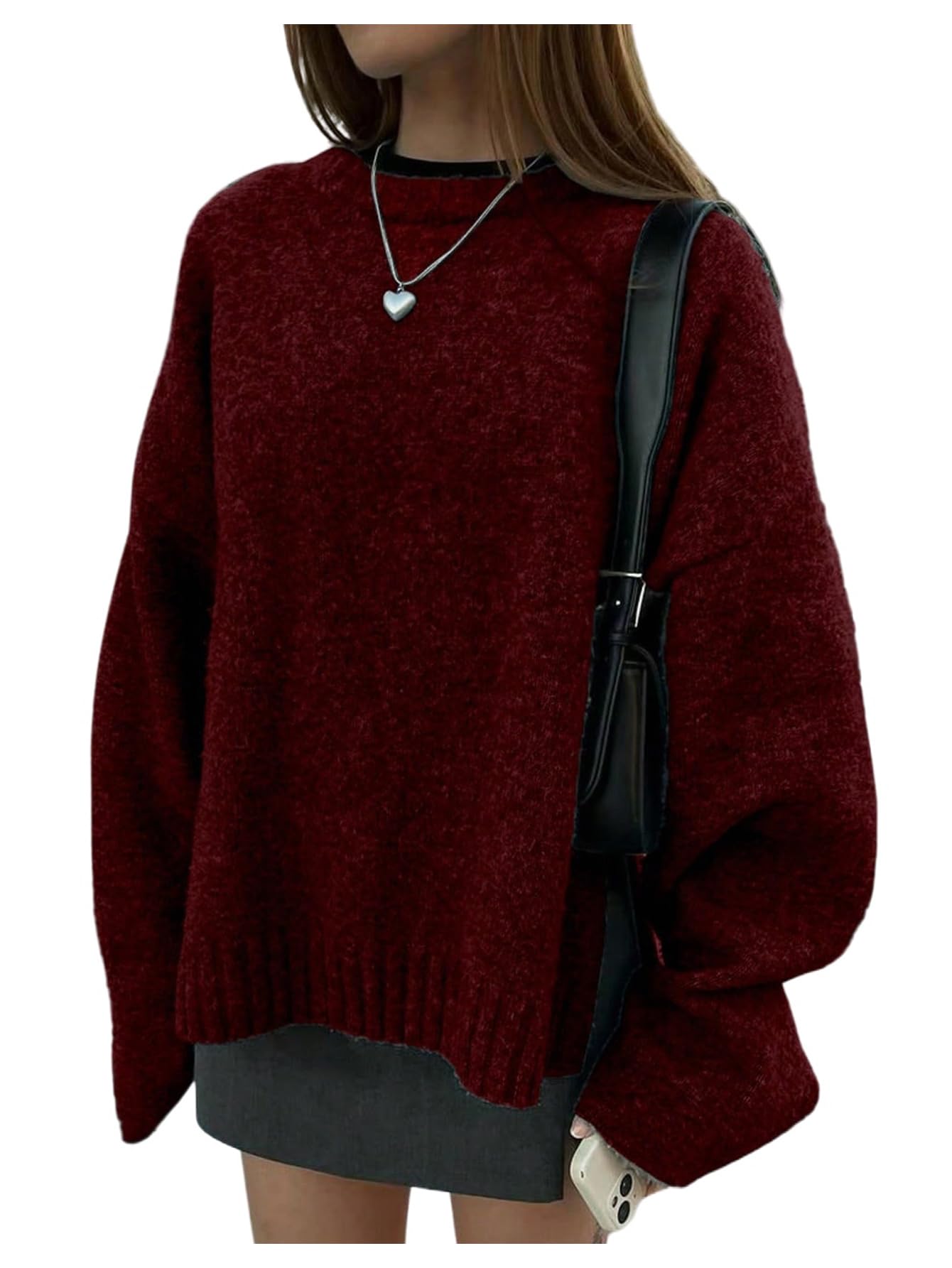 SOLY HUX Womens Oversized Sweater Long Sleeve Crew Neck Drop Shoulder Split Knit Chunky Pullover Fall Jumper Tops