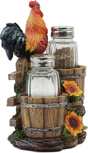 Miniatura 4 de Ebros Girasol Granja Gallo de pie en la valla por cubos de madera antiguos de cristal Salero y Pimentero Figura de soporte 6.5 pulgadas de alto
