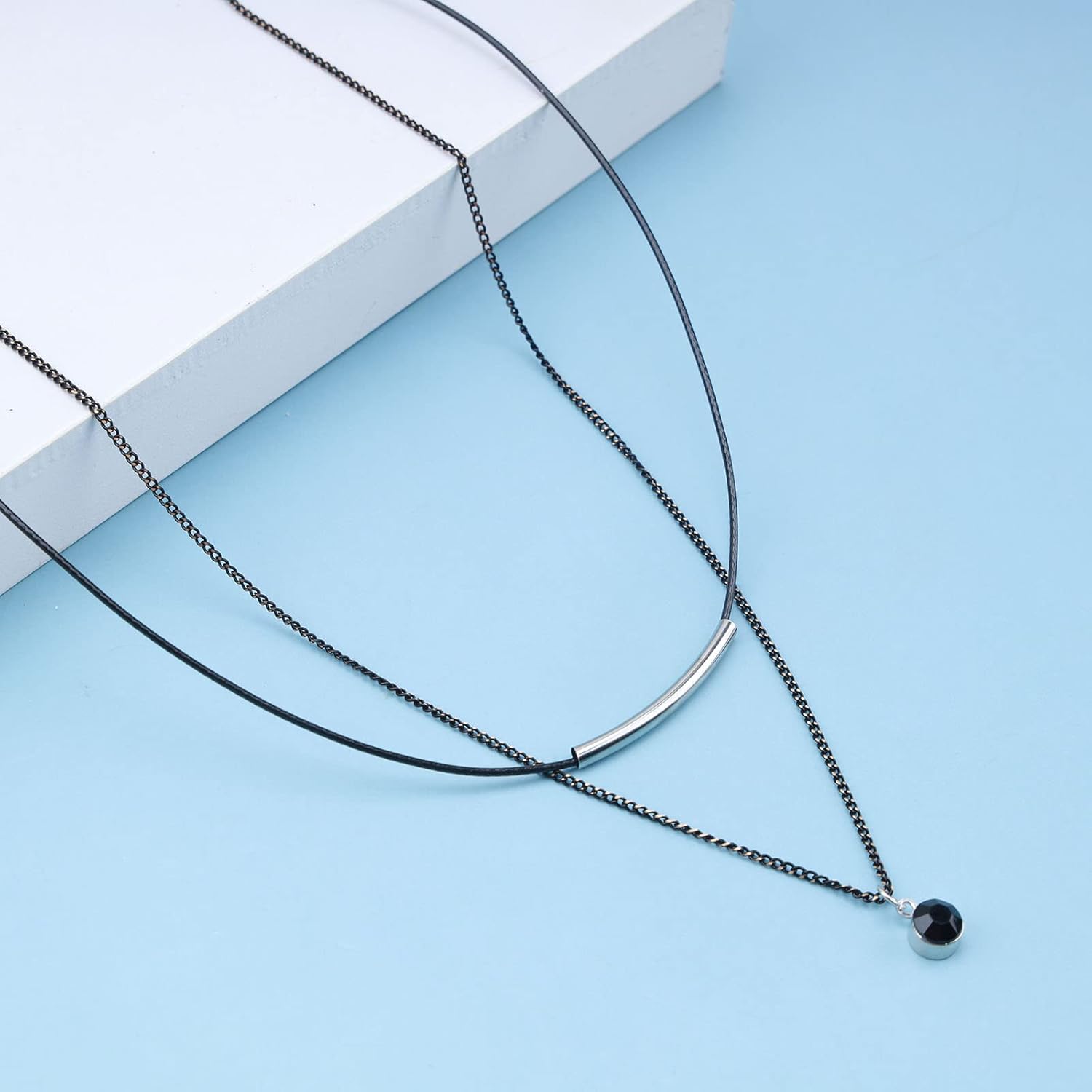 Boho Layered Black Choker Necklace Round Black Crystal Pendant Necklace Silver Tube Bar Necklace Vintage Leather Necklace Chain Jewelry for Women - Image 4