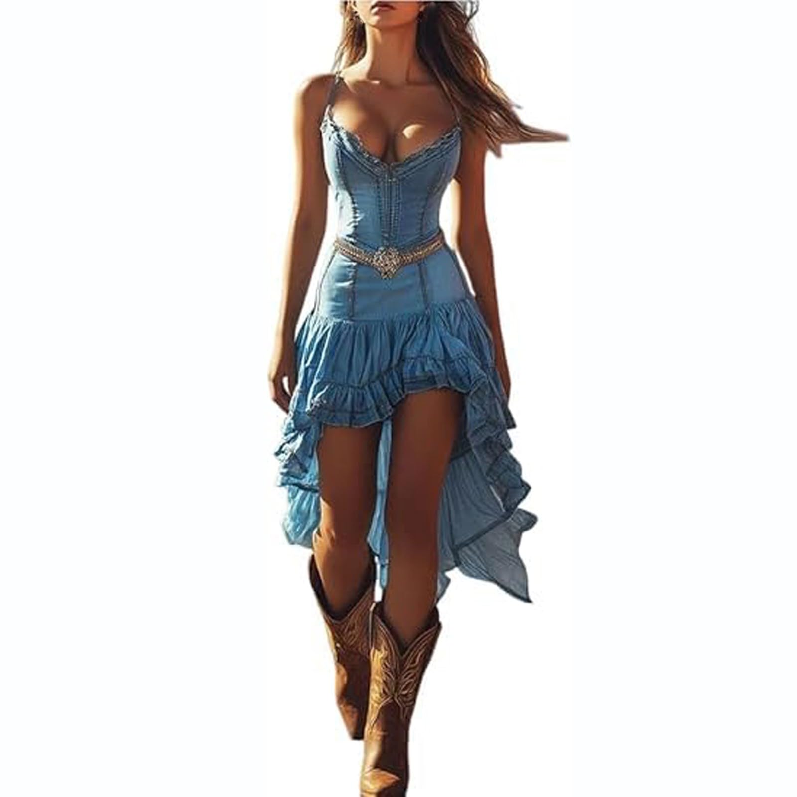 Blue Women's Vintage Western Cowboy Denim Dress - Floral Lace Trim Off Shoulder Flare Dress Halloween Costume 70S Inspired Prairie Outfit Country Party Dresses Ladies Cowgirl Retro Cosplay Wear