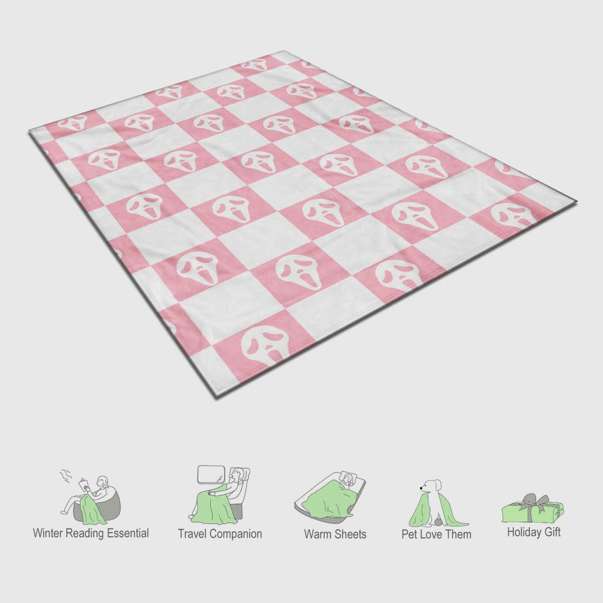 Halloween Spooky Face Throw Blanket, Pink and White Checkered Pattern, Halloween Ghost Blankets Fuzzy Gifts for Sofa Couch Bedroom (80" x 60")