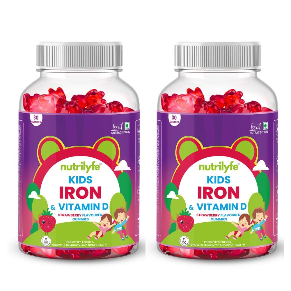 Iron & Vitamin D Gummies | Strawberry Flavoured Multivitamin Gummy for Kids | Promotes Energy,Growth,Immunity & Bone Health | Improves Haemoglobin | 60 Bear-Shaped Chewable Gummies