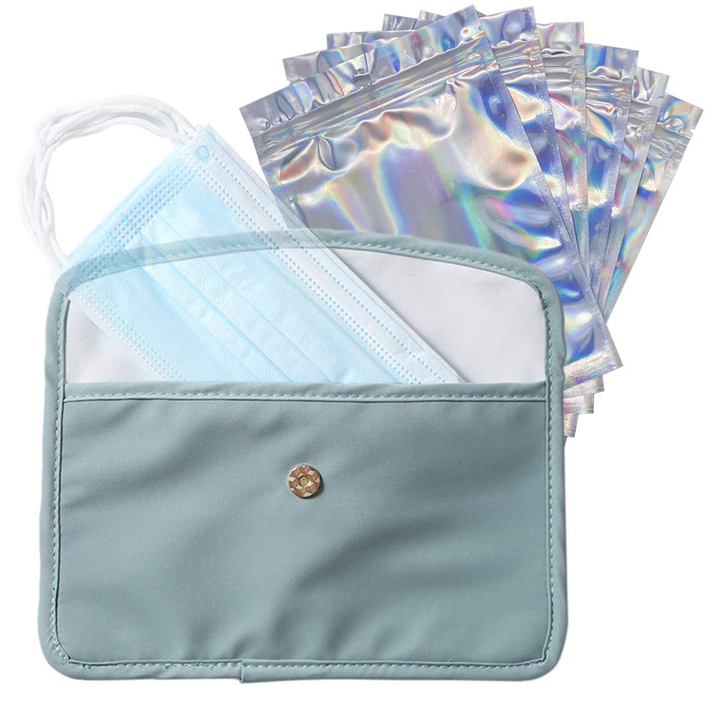 VOCUSONU Face Mask Storage Bag 9”x5.3”, Keep Mask Clean, Mask Storage Case, Portable Mask Carry Pouch for Travel, Car, Handmade Cloth Mask Organizer for Kids, with 6 Ziplock Bags 7”x4.7” (Pastel Teal)