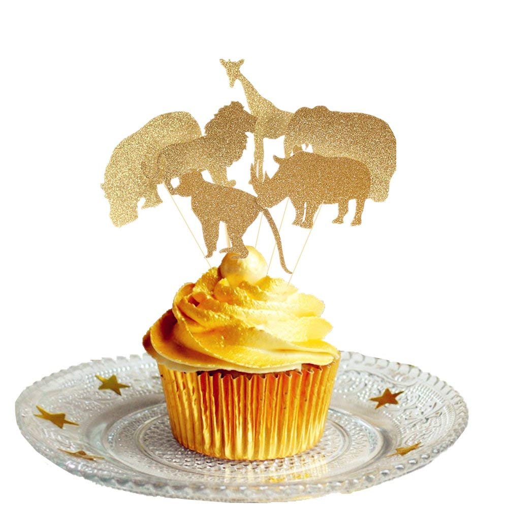 JeVenis 30 Pcs Gold Glitter Jungle Safari Animal Cupcake Toppers Jungle