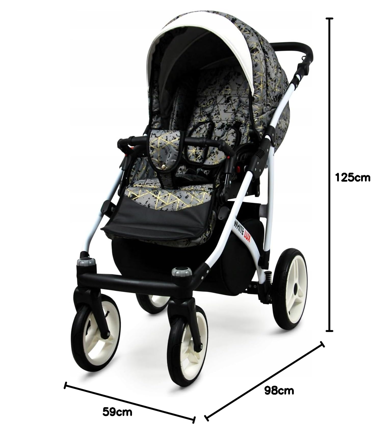 BabyLux® Kinderwagen Set 3 in 1 - White Lux - incl. Babywanne, Buggy Sportsitz, Auto-Babyschale - Autositz - Kinderwagenset - Kombikinderwagen mit Wickeltasche, Regenschutz usw.