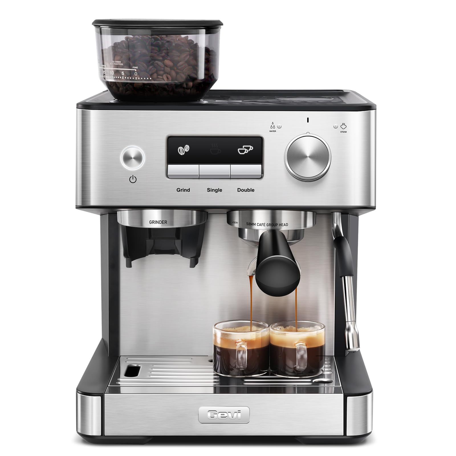 Gevi Espressomaschine 20 Bar mit integriertem Kegelmahlwerk und Milchschaumdüse, kompakte Kaffeemaschine für Hausgebrauch mit abnehmbarem Wassertank, für Cappuccino, Latte, Espresso und Americano
