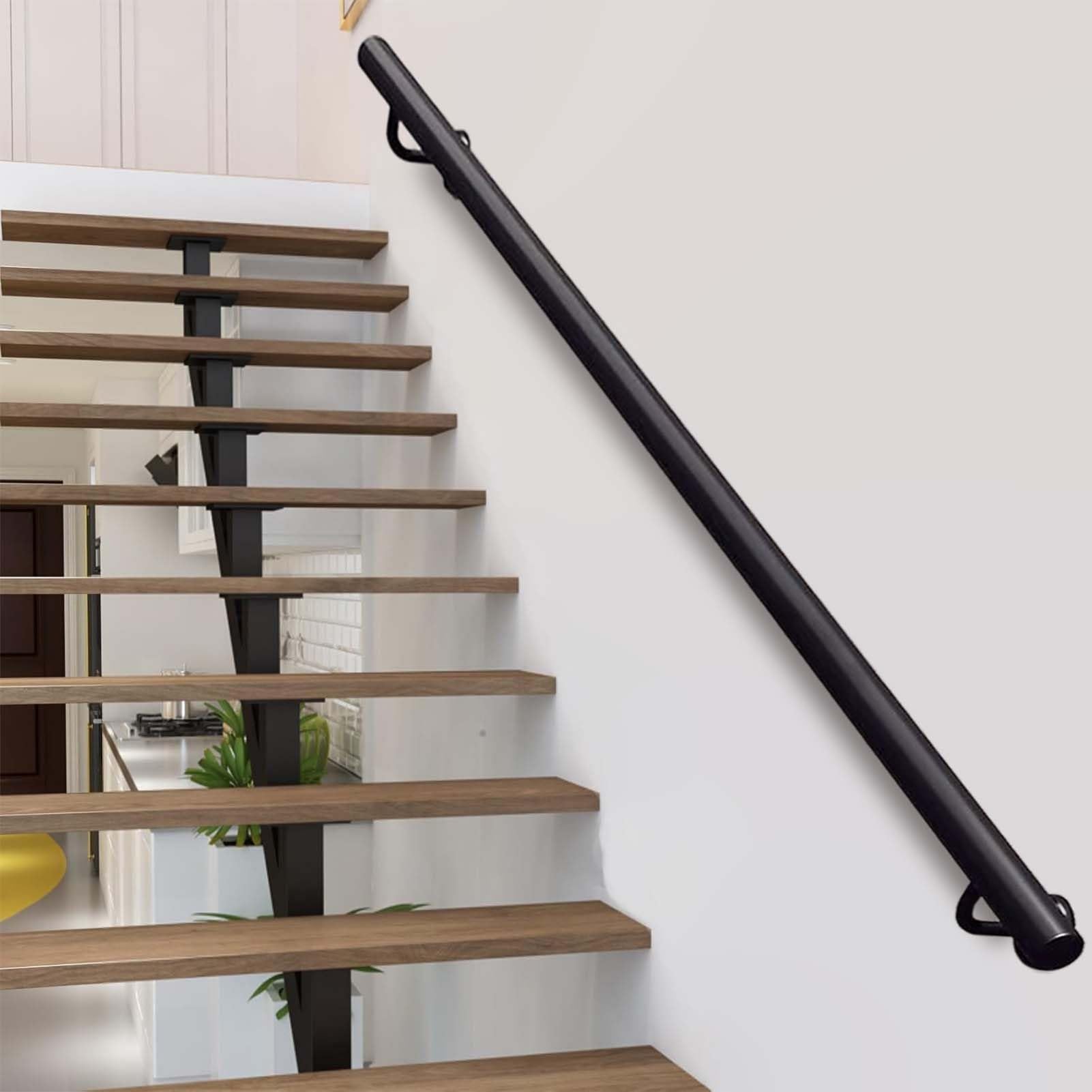 FKXSXAZ Modern Round Handrails For Stairs, Black Bannister Rail Wrought Iron Wall Support Staircase Balustrade Hand Rails With Fittings, Non-Slip Grab Handle Bar Indoor Outdoor Steps(16ft/