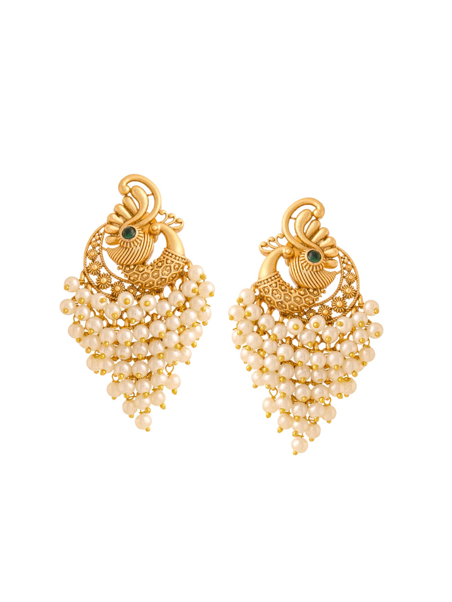 Earrings Traditional Golden Peacock Shaped Earrings | Gold Plated White Mothi Earrings