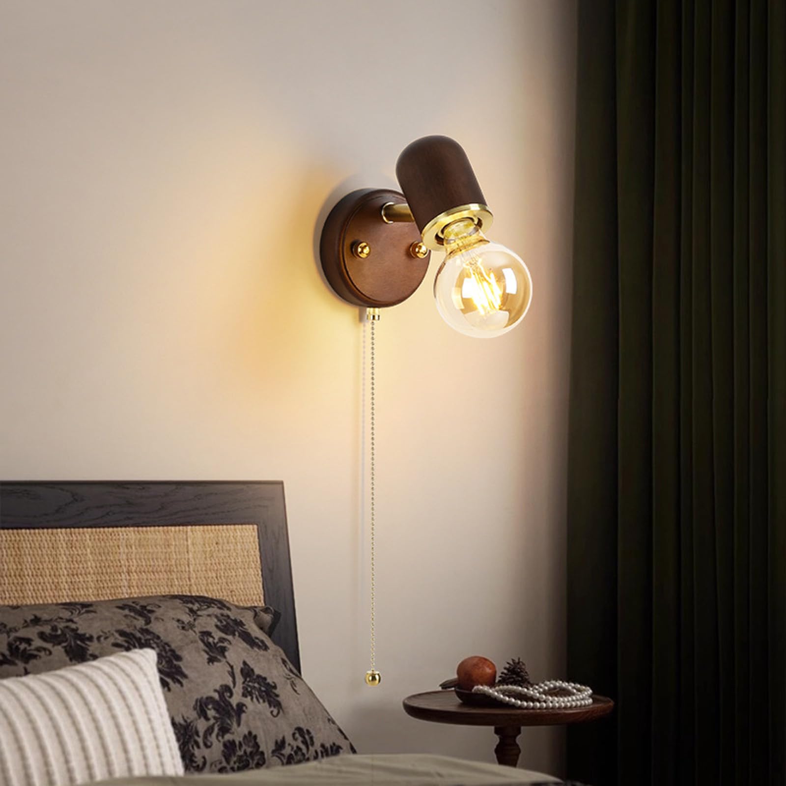 Lámpara de pared retro E27 aplique interior industrial de madera con tirador 7