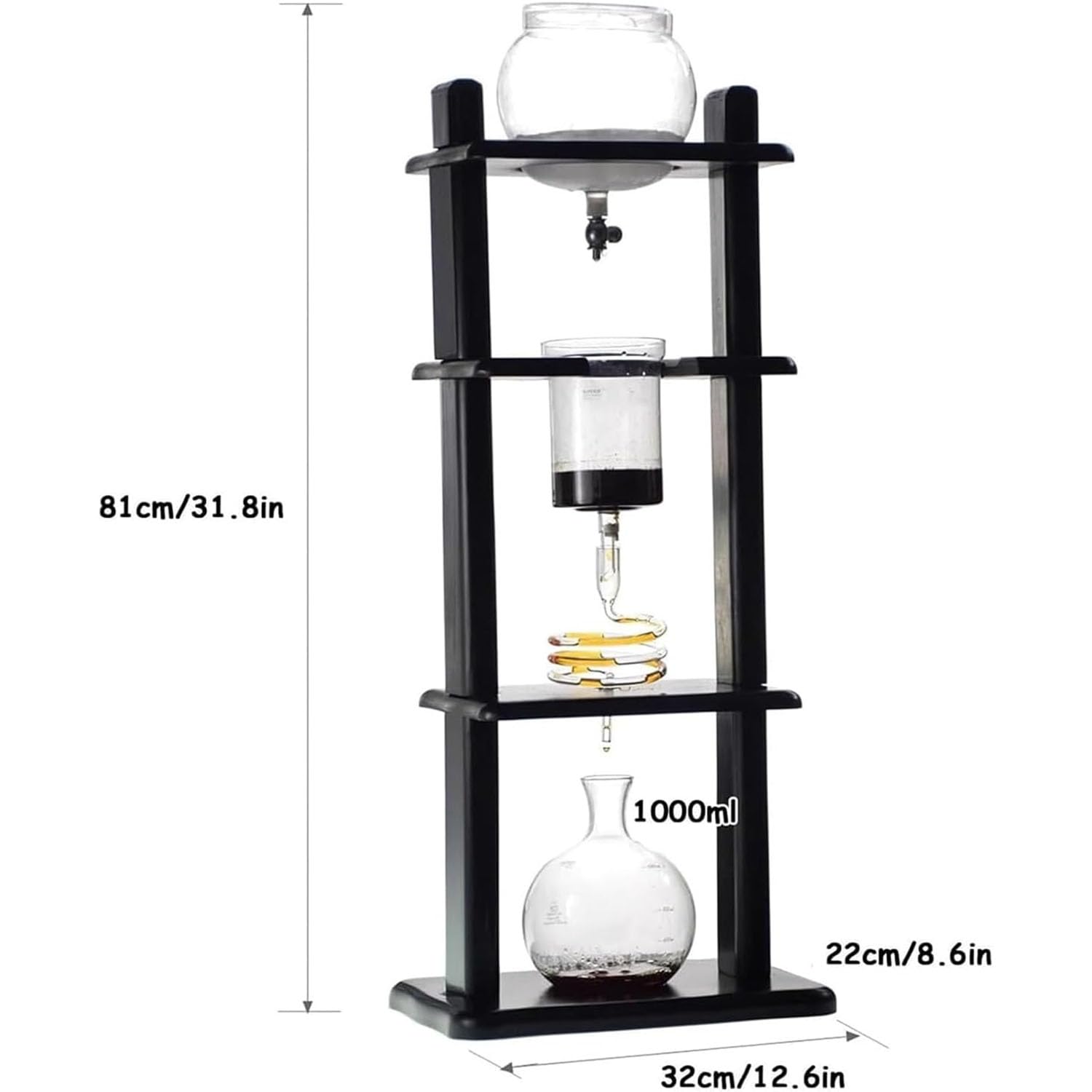 Ekspres Przelewowy Do Kawy, Mrożona Kawa Cold Brew Z Wieżą Przelewową I Drewnianym Stojakiem, Technologia Slow Drip, Przygotowuje 5-8 Filiżanek Mrożonej Kawy, Mrożonej Lemoniady I Herbat