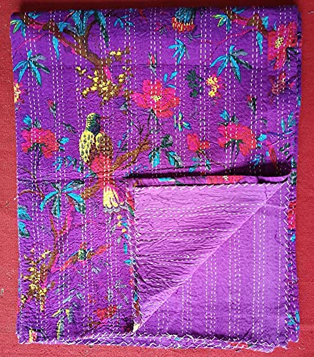 Shakdeco Indian Handmade Print Vintage Kantha Quilt Cotton Bedspread Bohemian Bedding Coverlet Throw Reversible Blanket Both Twin And Queen Sized (Purple, Queen 90X108 Inch) #TOP1