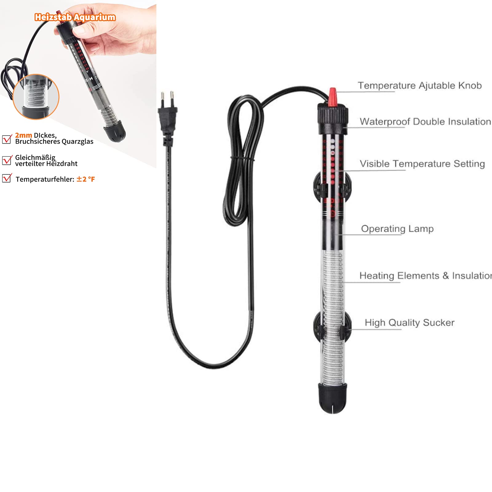 Riscaldatore Acquario 100W Sommergibile - Termostato Regolabile Per Pesci, Per Vasche 50L-120L - Foto 12