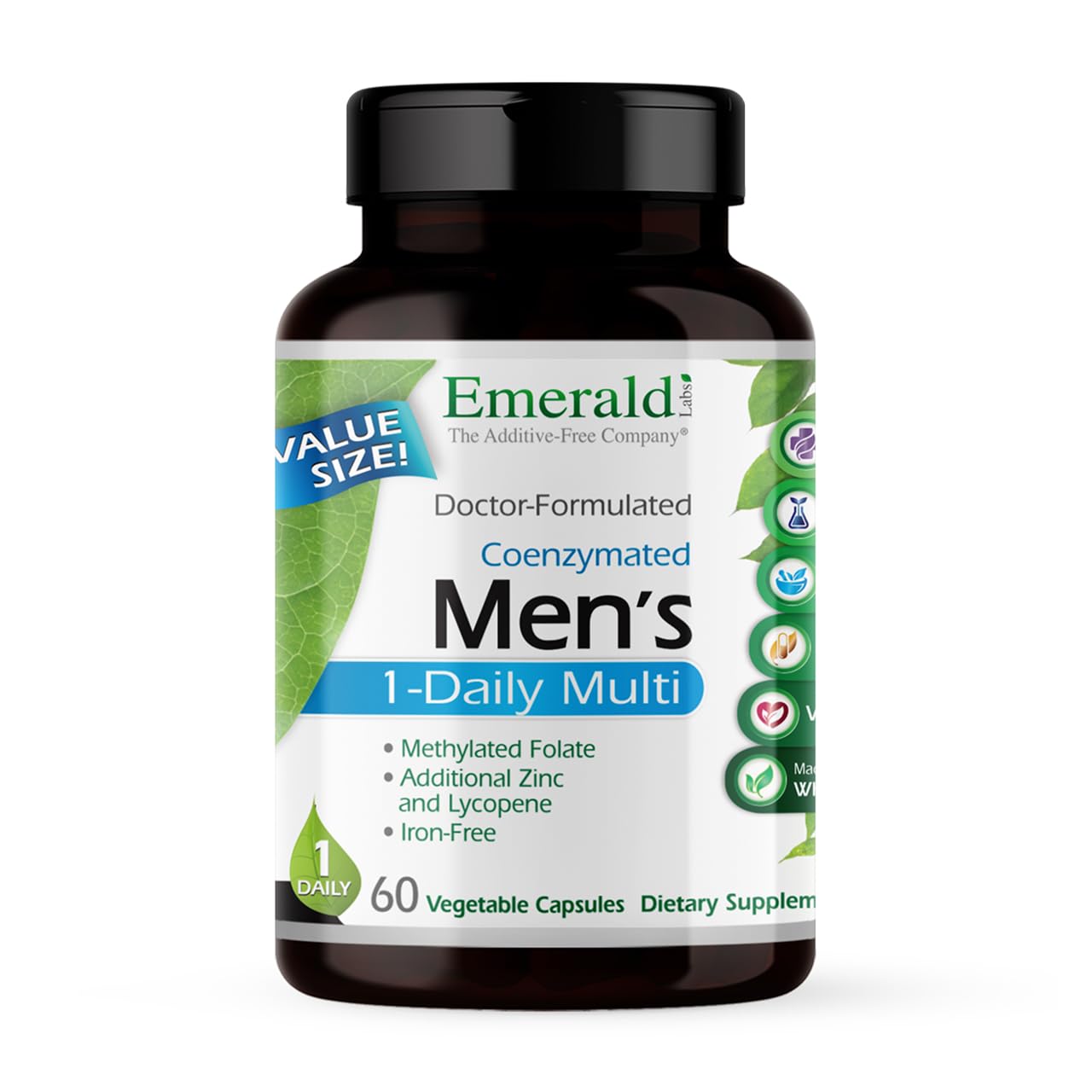 EMERALD LABSEMERALD LABS Men's 1 Daily Multi - Additive-Free Men's Multivitamin - Includes Lycopene, Zinc, Vitamin D3, & More - Supports Bones, Prostate & Vision* - 60 Vegetable Capsules