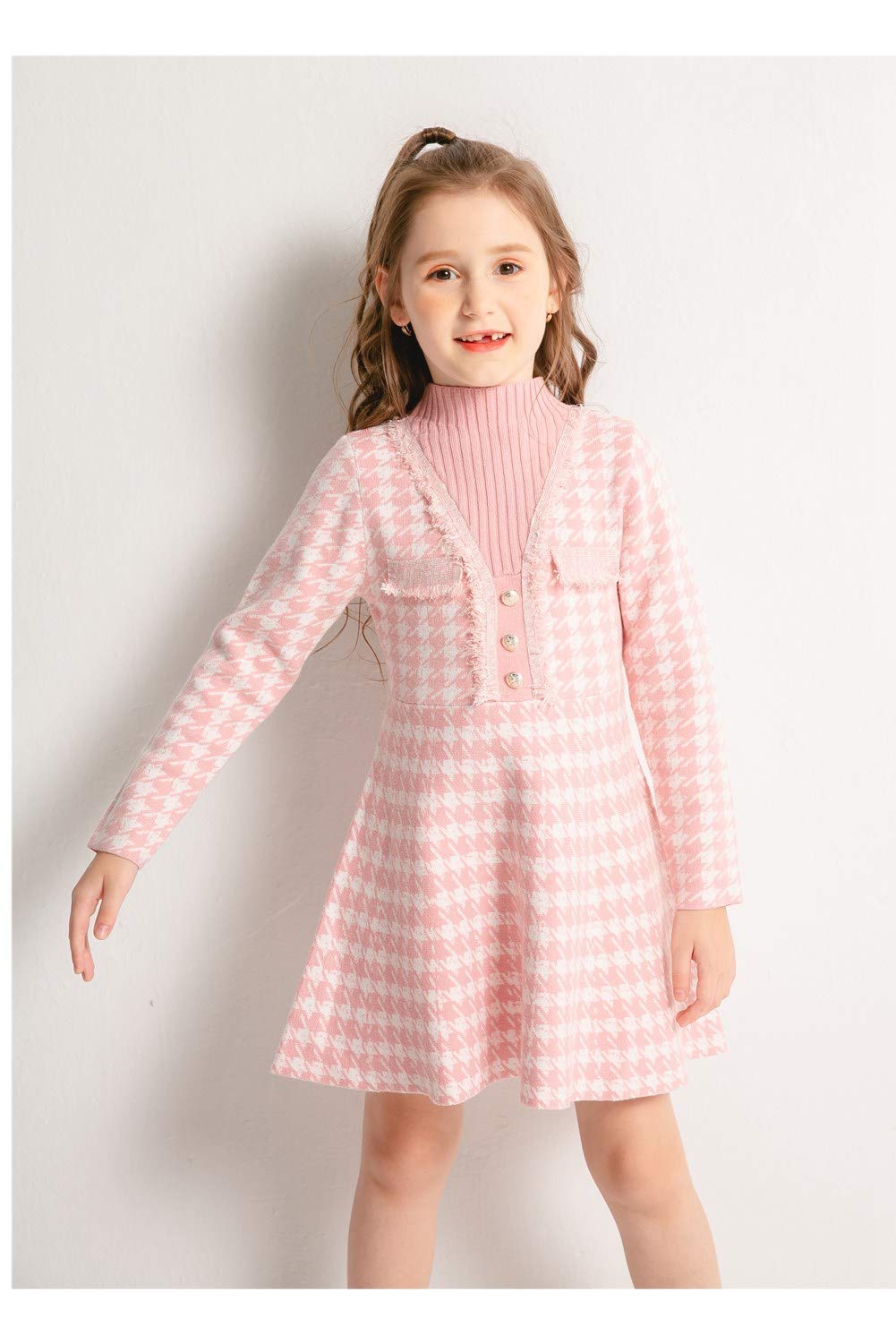 SMILING PINKER Vestido de manga larga para niñas, vestido de punto de pata de gallo para invierno, cuello alto