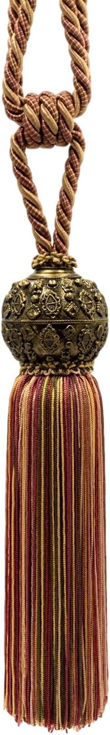 DÉCOPRO Raja Coll. Beautiful Curtain & Drapery Tassel Tieback with Ornamental Antique Head Tassel Length 10" 30" Spread # TBMTL10 Rustic Medley Red #RJ06 (Dark Red Brown Green Beige Gold) Set of 2