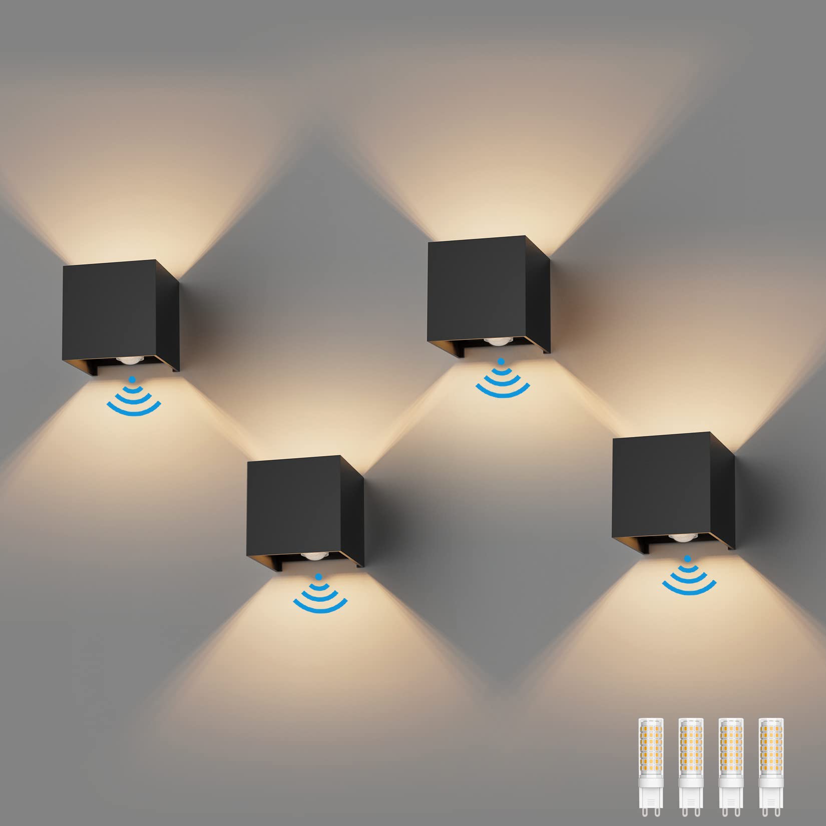 Klighten 4PCS Aplique Pared Con Sensor de Movimiento, IP54 Apliques Con G9 LED Bombillas Reemplazables, Blanco Cálido 3000K Lampara de pared Interior/Exterior Ángulo ajustable Lámpara Pared, Negro