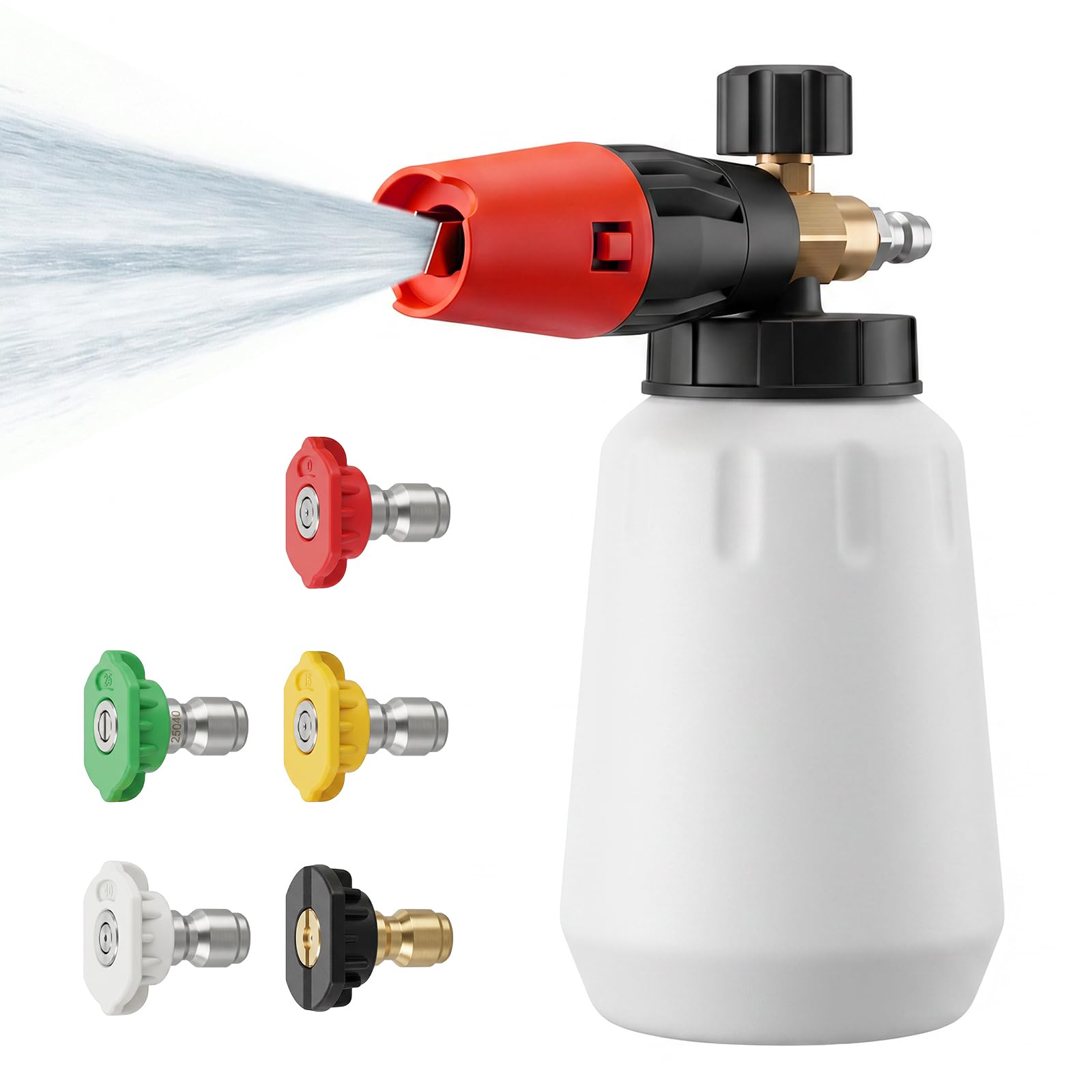 1L Snow Foam Cannon with 5 Spray Nozzles, Adjustable Snow Foam Lance with 1/4" Quick Connector, Aluminum Alloy Wide Neck Car Wash Foams Gun for Pressure Washer