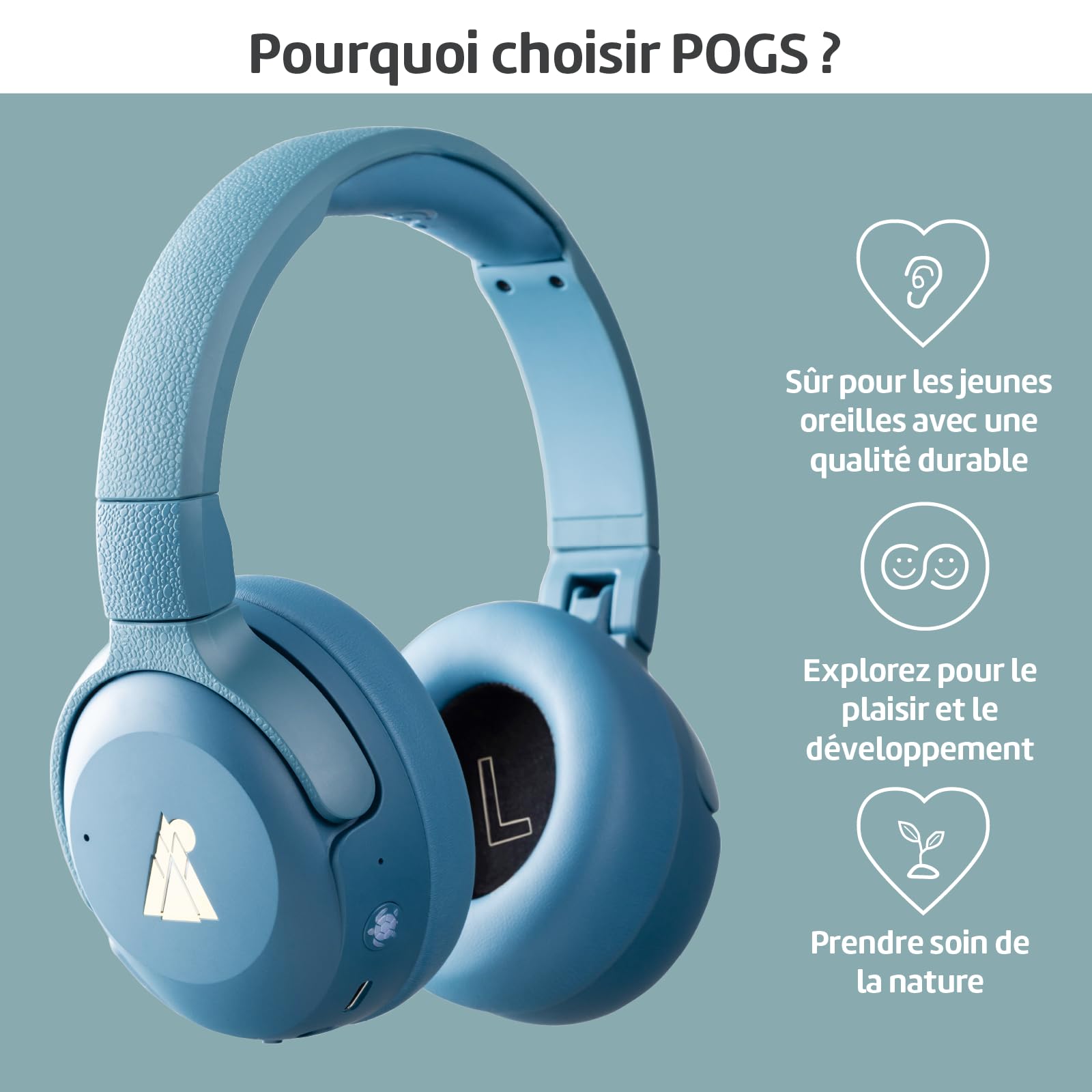 POGS La Tortue | Casque Audio Circum-auriculair sans Fil à réduction de Bruit | Casque Ajustable et Robuste | Limite de Volume à 85 DB, Microphone | Fonction de Partage de Musique sans Fil (rBleu)