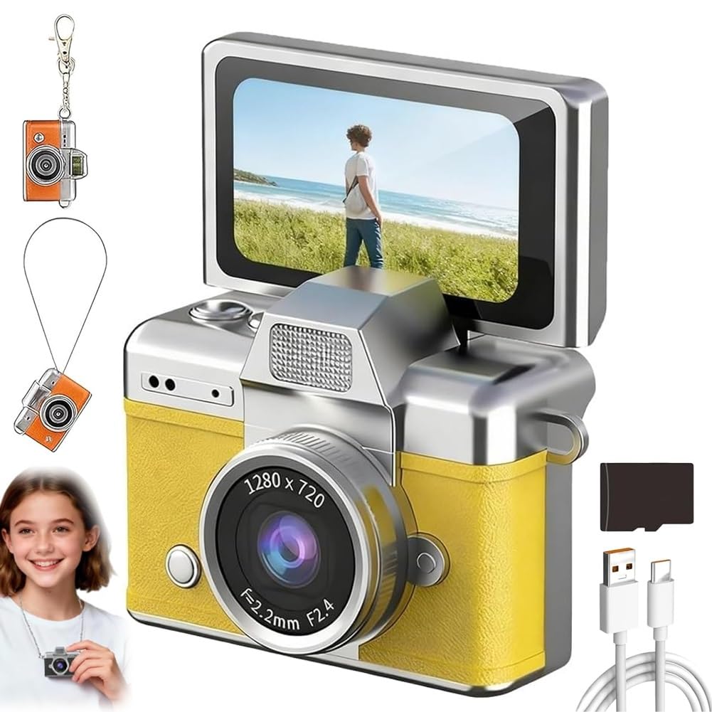 Mini Digital Camera with 1.47 in LCD Screen, 1080P Retro Flip Display, Built-in Flash & Keychain Size, Portable Travel Pocket Camera with 64GB Card for Concerts Study Birthday Gifts(Yellow,64G)-image-10